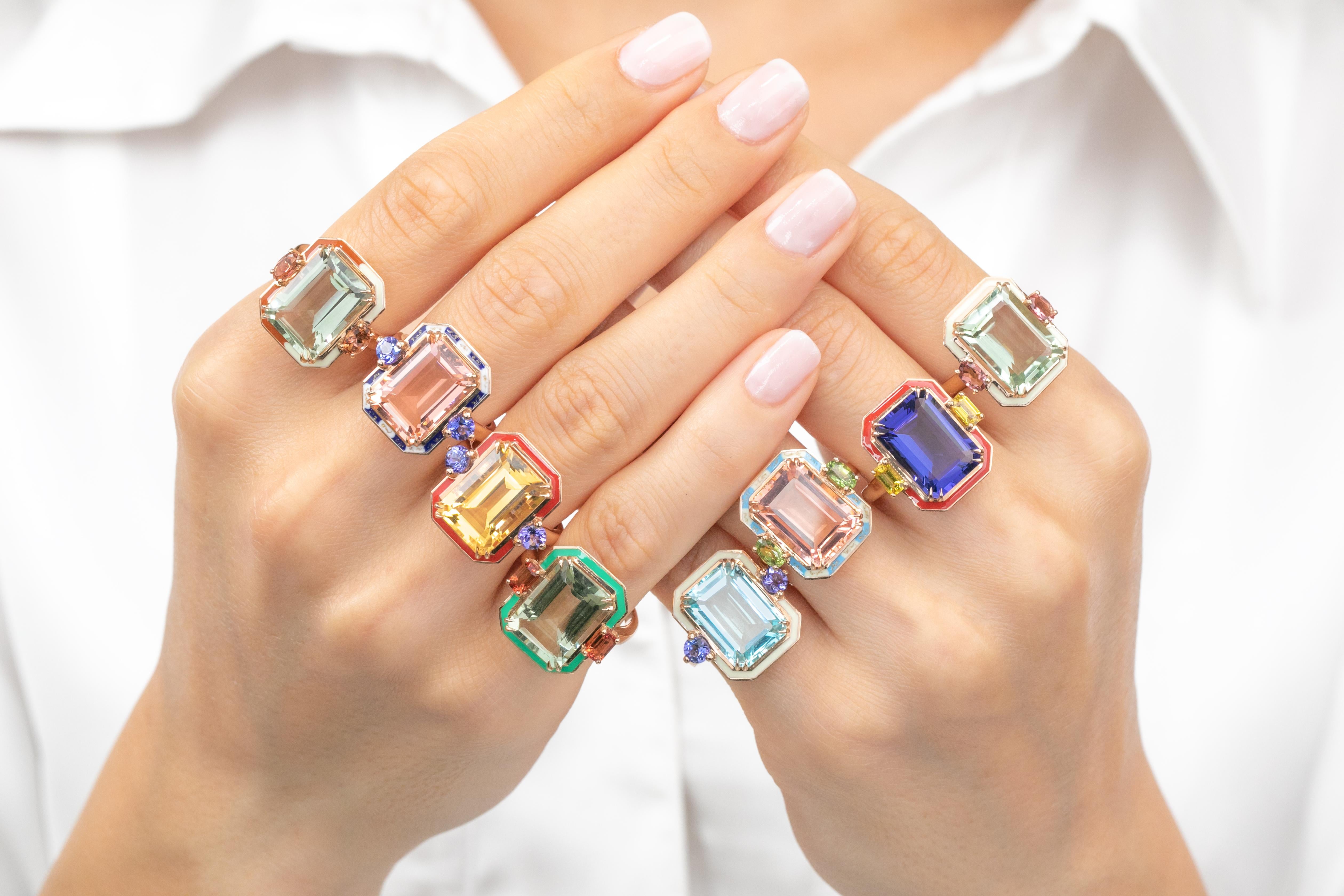 925 Silver Artdeco Style Enameled Cocktail Ring Sky Topaz and Citrine Stone For Sale 2