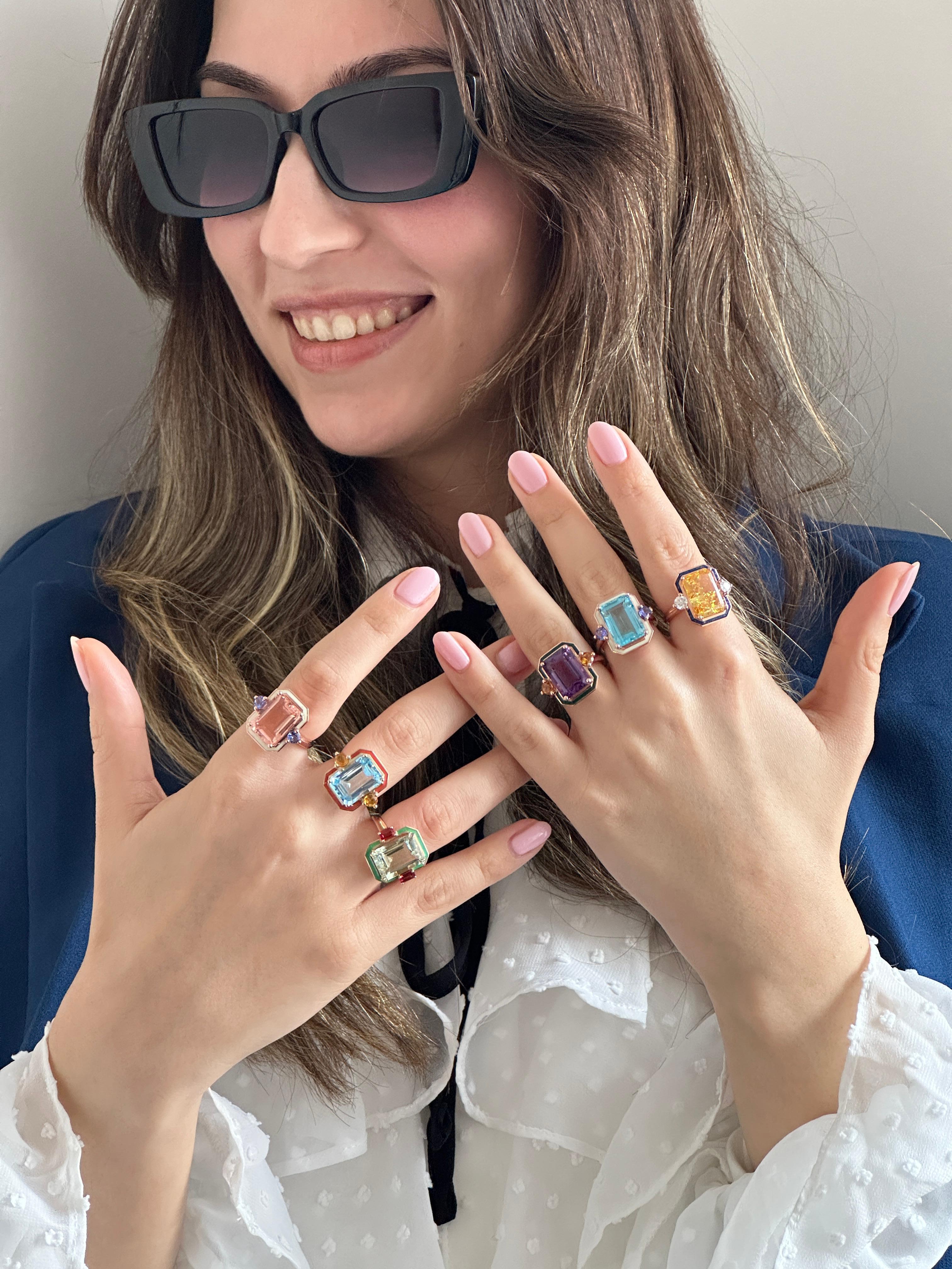 925 Silver Artdeco Style Enameled Cocktail Ring Sky Topaz and Citrine Stone For Sale 3