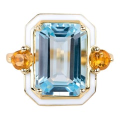 Bague cocktail émaillée de style Art déco 925 en argent, topaze ciel et citrine