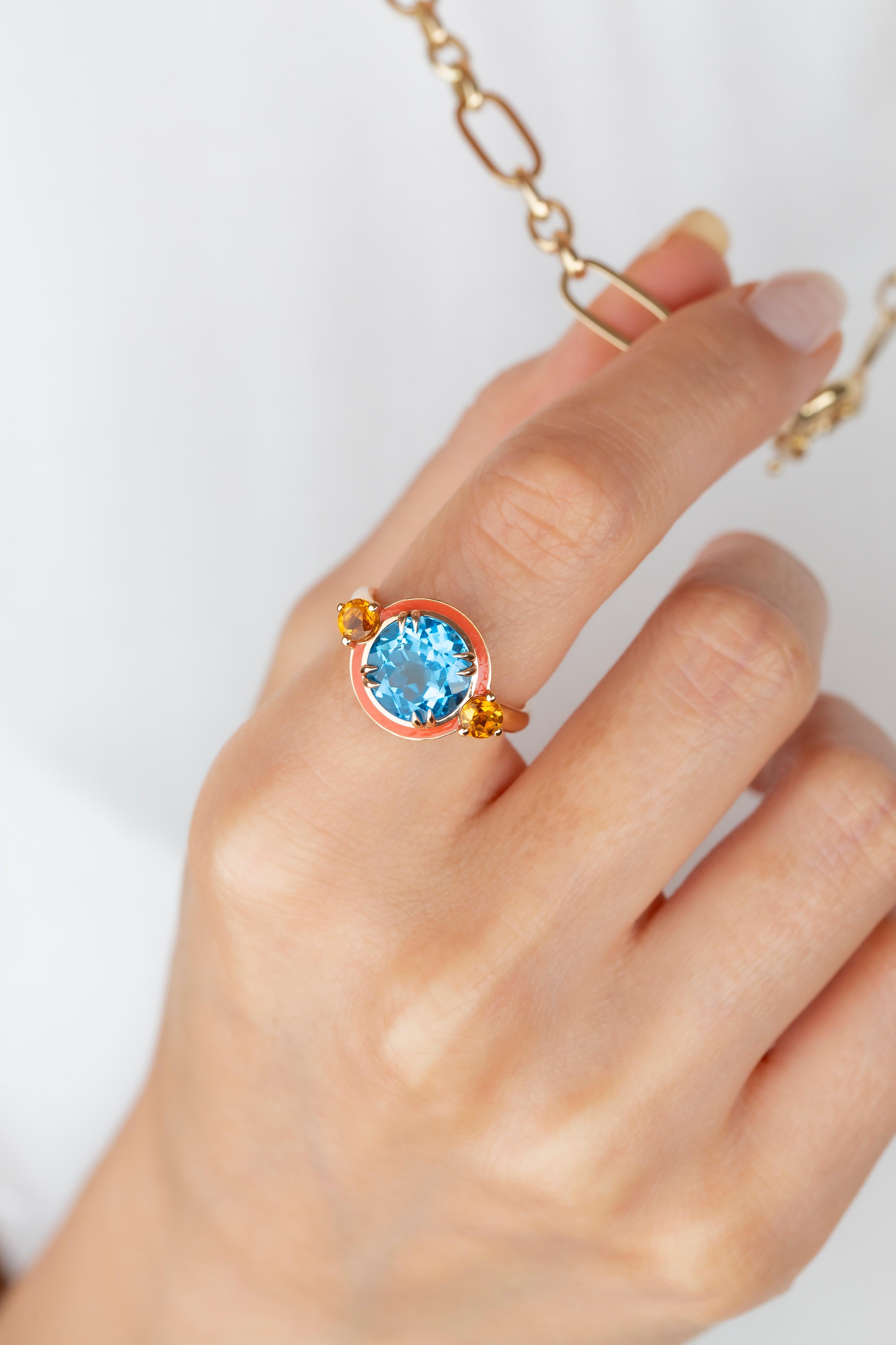 Art Deco 925 Silver Artdeco Style Enameled Cocktail Ring with Sky Topaz and Citrine Stone For Sale