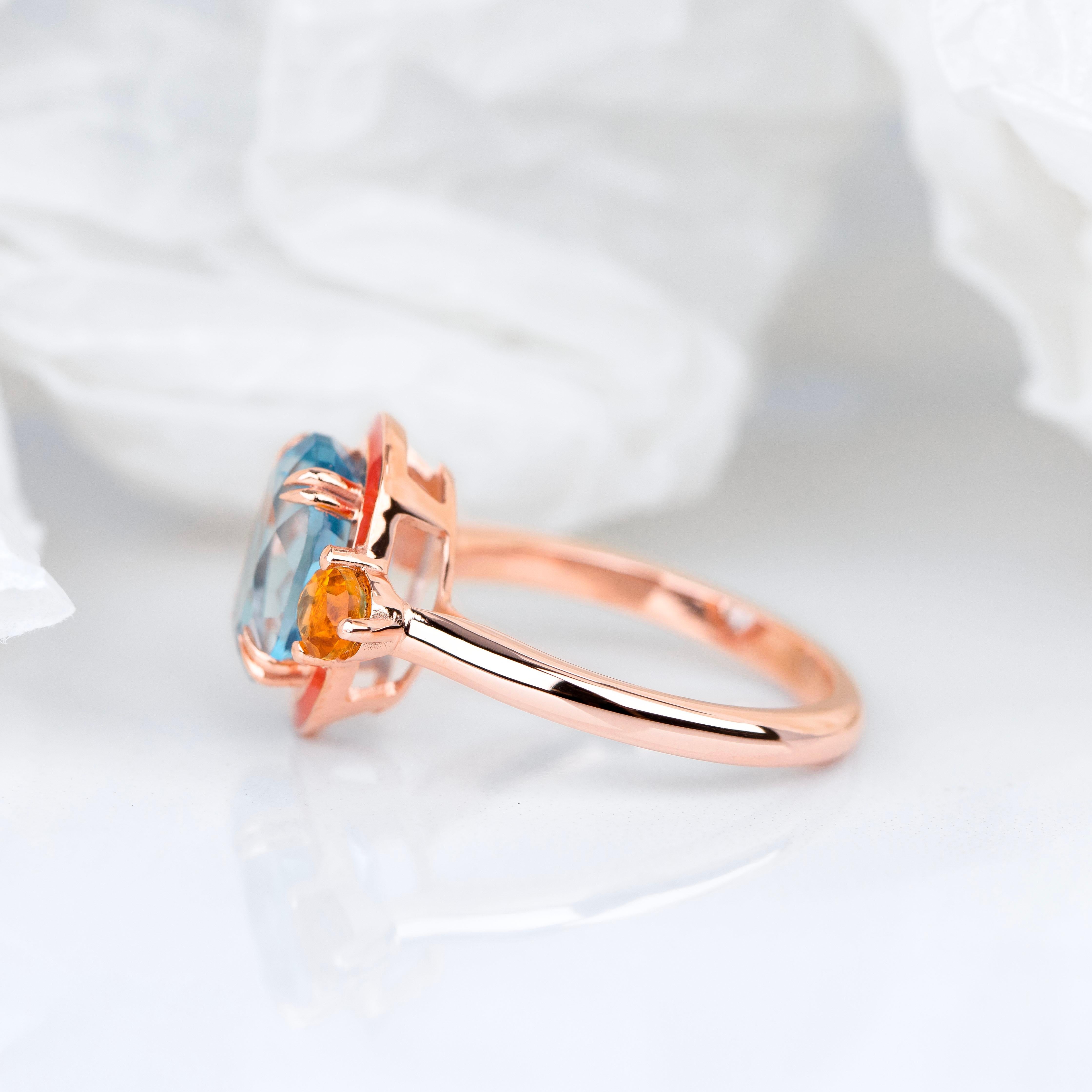 Emerald Cut 925 Silver Artdeco Style Enameled Cocktail Ring with Sky Topaz and Citrine Stone For Sale