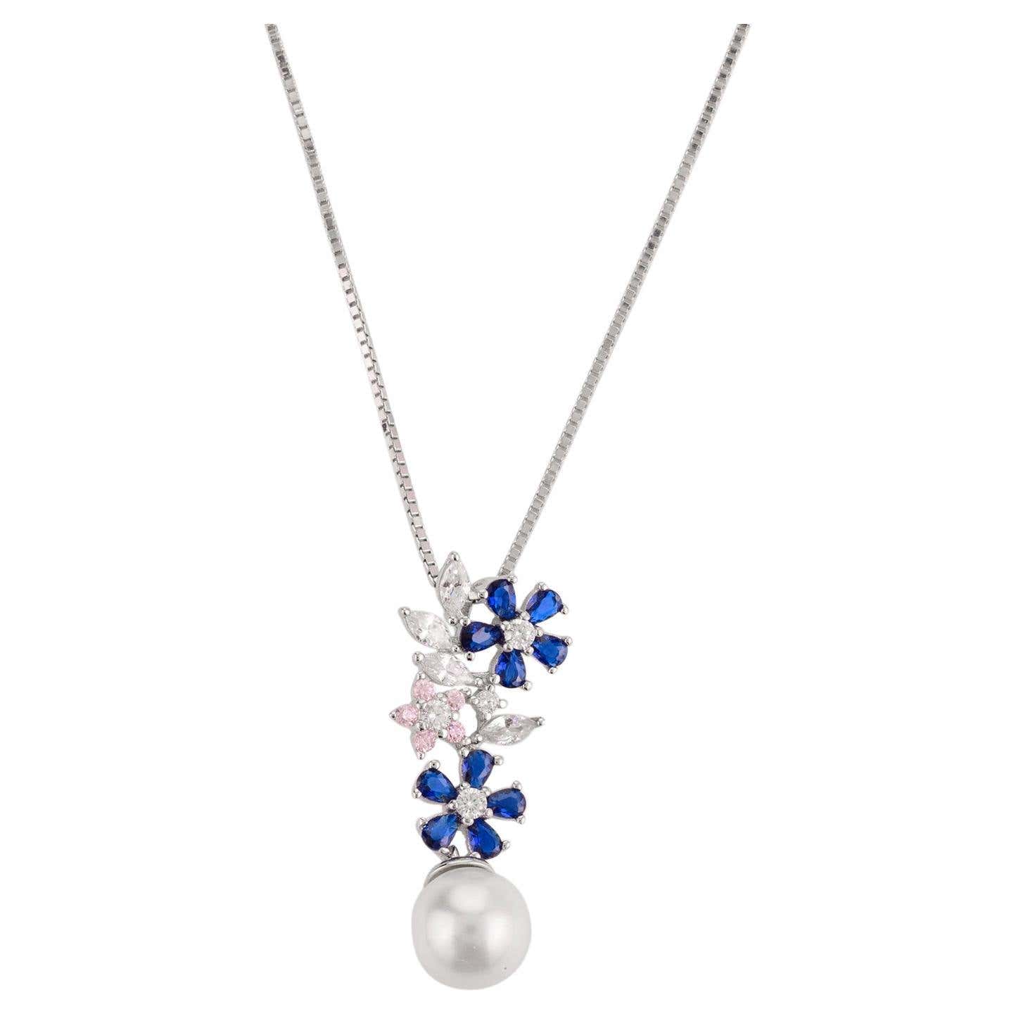 Sterling Silver Blue CZ Waterdrop Pendant Necklace - 18" Box Chain, Gift Box C13
