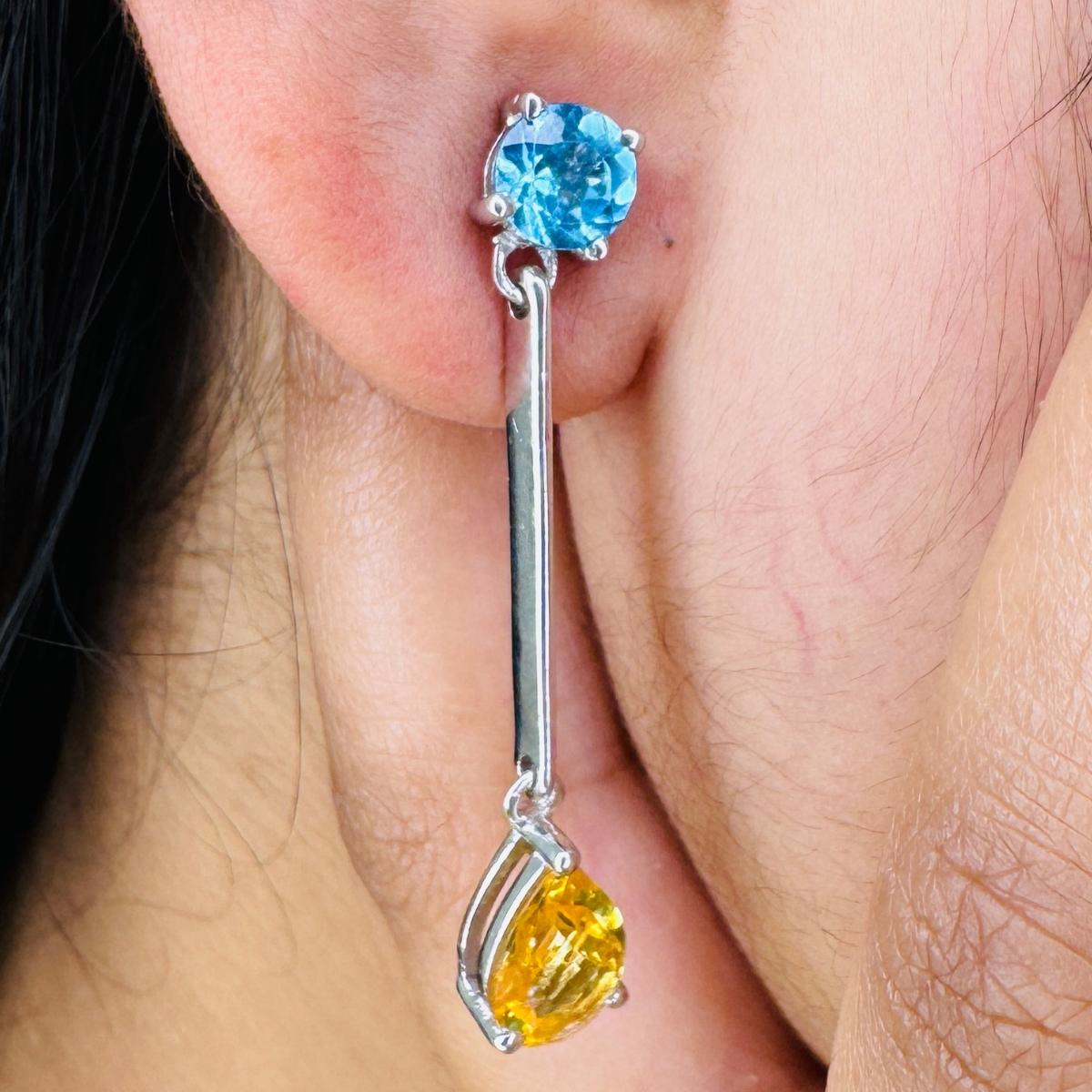 Citrine Blue Topaz Long Dangle Drop Earrings for Wedding Gift in sterling silver to make a statement with your look. You shall need dangle drop earrings to make a statement with your look. These earrings create a sparkling, luxurious look featuring,