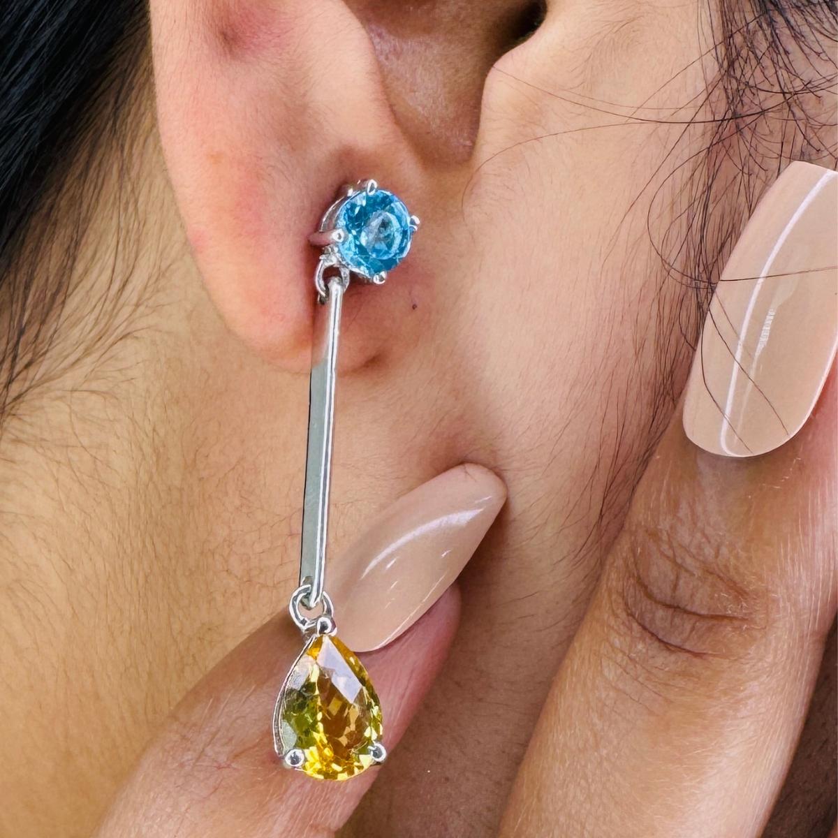 925 Silver Citrine Blue Topaz Long Dangle Drop Earrings for Wedding Gift For Mom In New Condition For Sale In New York, NY