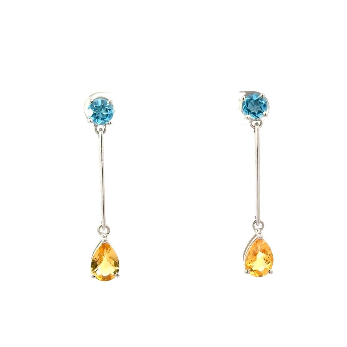 925 Silver Citrine Blue Topaz Long Dangle Drop Earrings for Wedding Gift For Mom For Sale 3