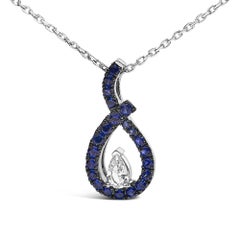 .925 Silver Created Blue and White Sapphire Teardrop Shaped Pendant Necklace