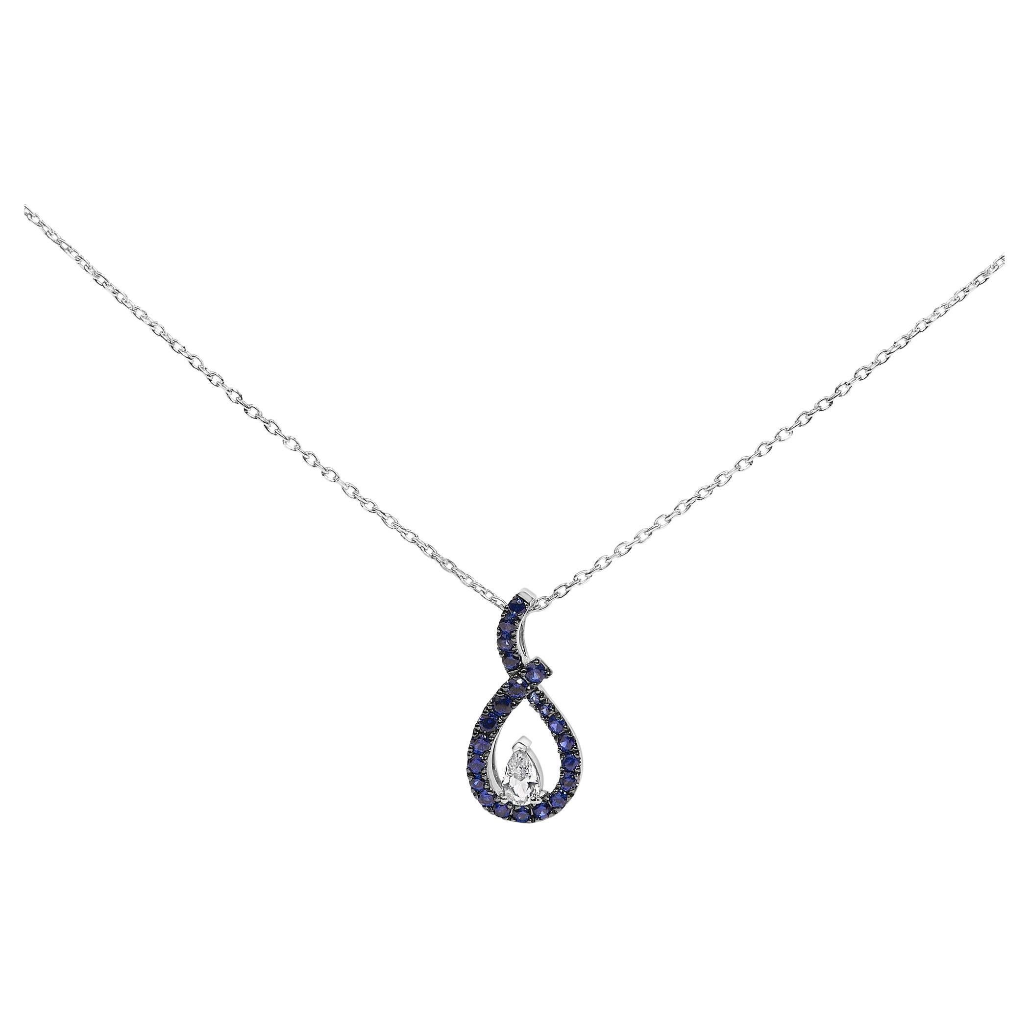 .925 Silver Created Blue and White Sapphire Teardrop Shaped Pendant Necklace