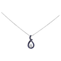 .925 Silver Created Blue and White Sapphire Teardrop Shaped Pendant Necklace