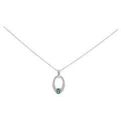 .925 Silver Created Green Emerald White Sapphire Oval Shaped Pendant Necklace