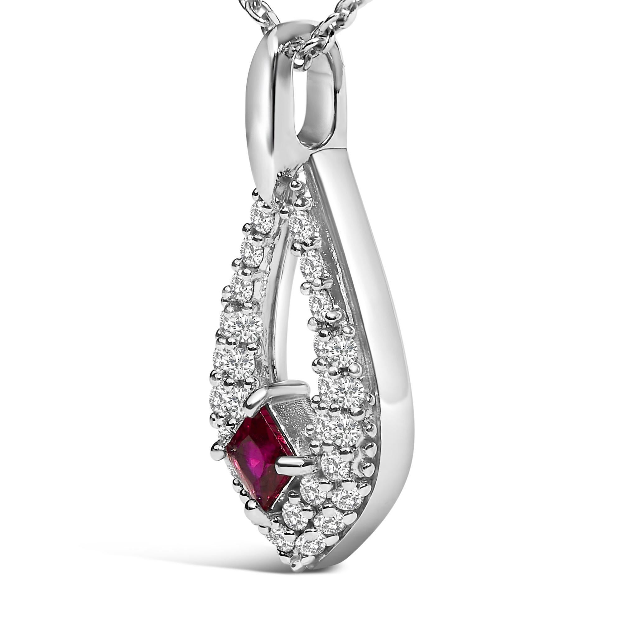 Modern .925 Silver Created Red Ruby and White Sapphire Pear Shaped Pendant Necklace For Sale