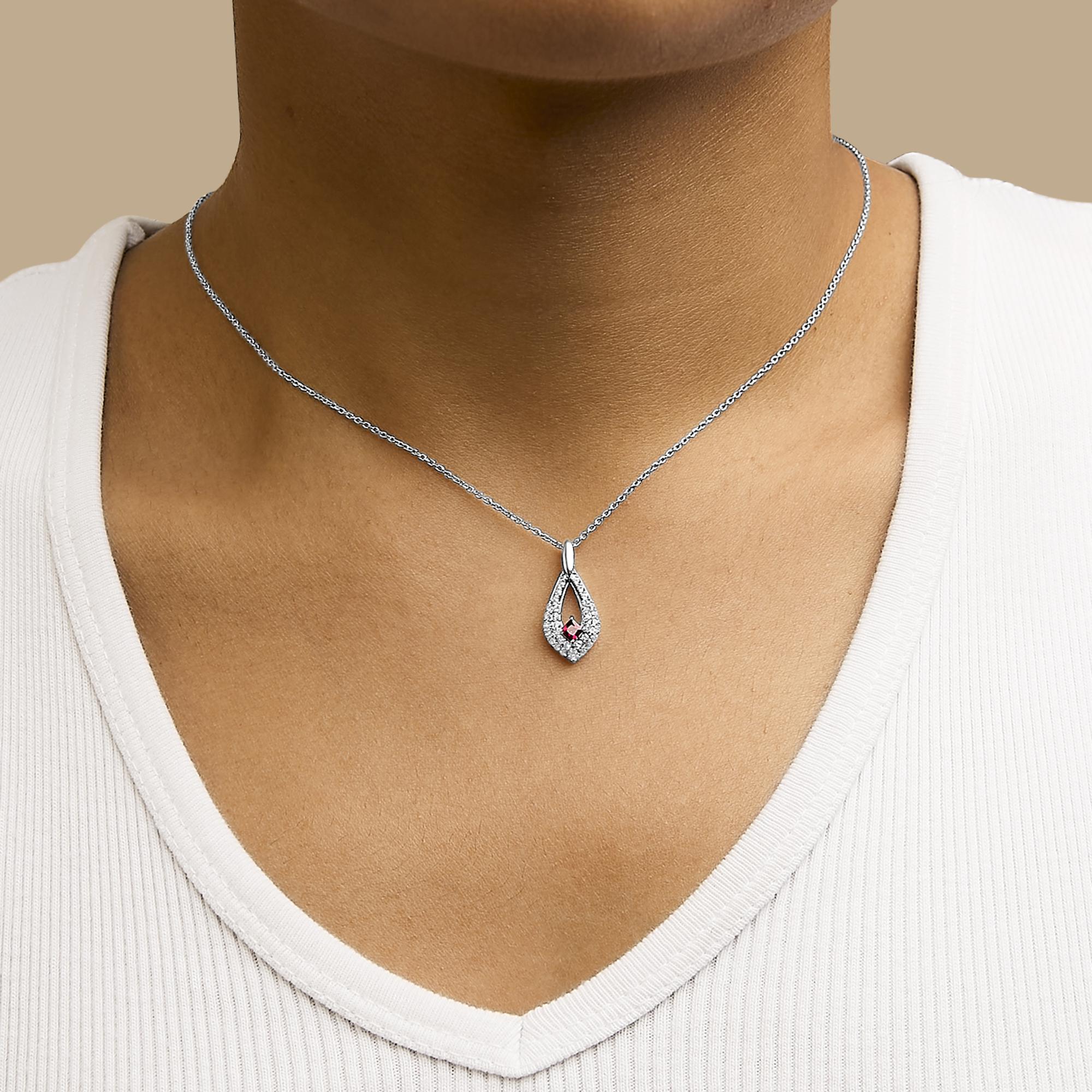 Princess Cut .925 Silver Created Red Ruby and White Sapphire Pear Shaped Pendant Necklace For Sale