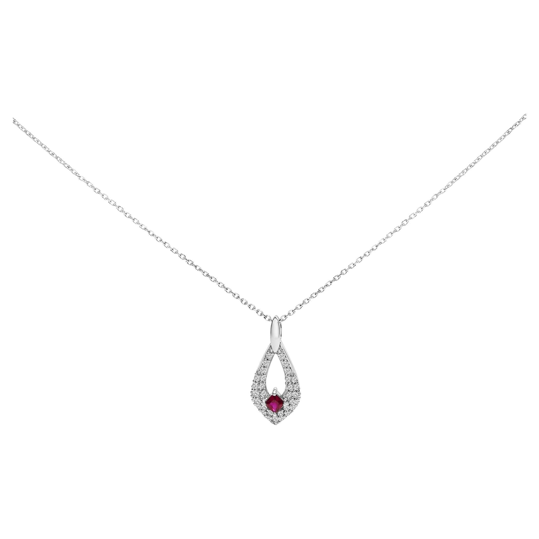 .925 Silver Created Red Ruby and White Sapphire Pear Shaped Pendant Necklace For Sale