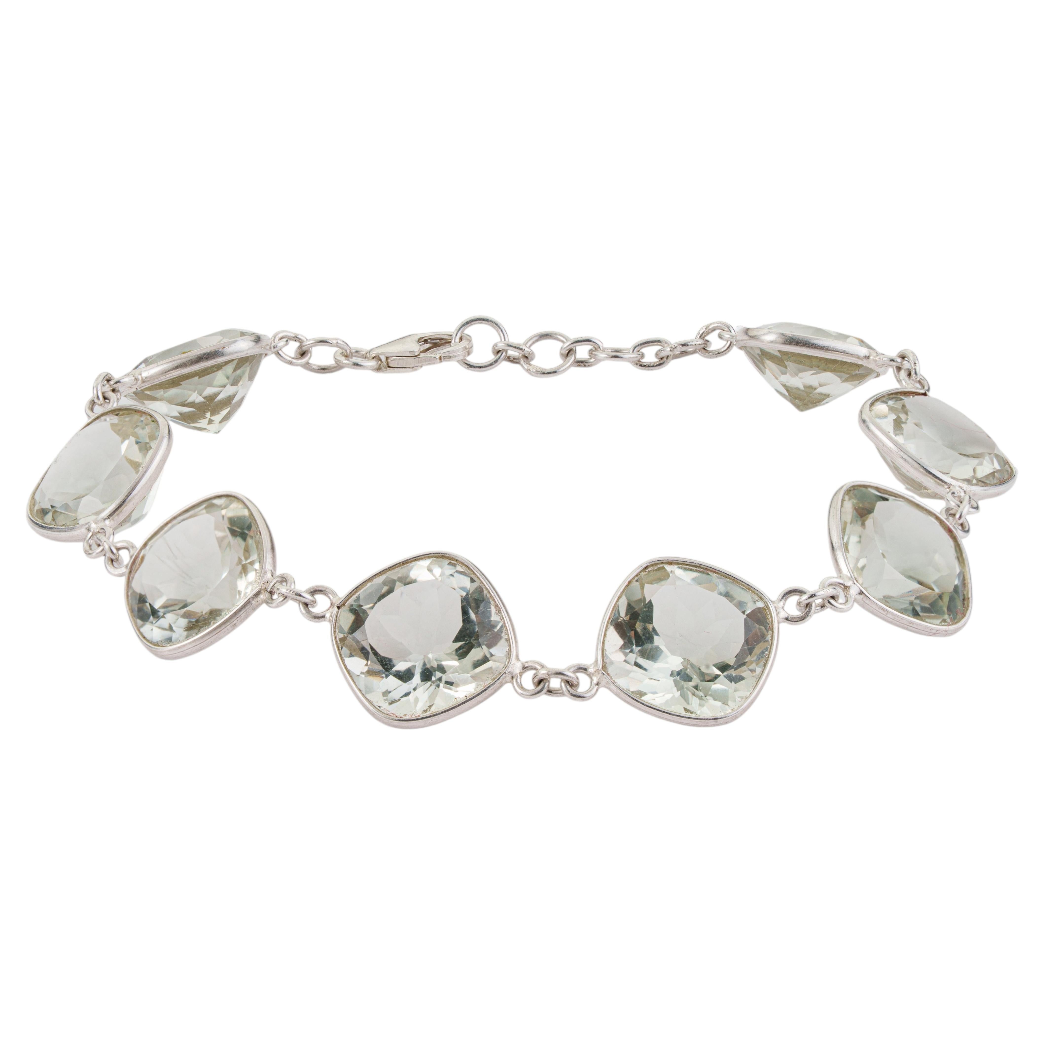 925 Silver Cushion Cut Green Amethyst Station Bezel Link Bracelet by Silvorra