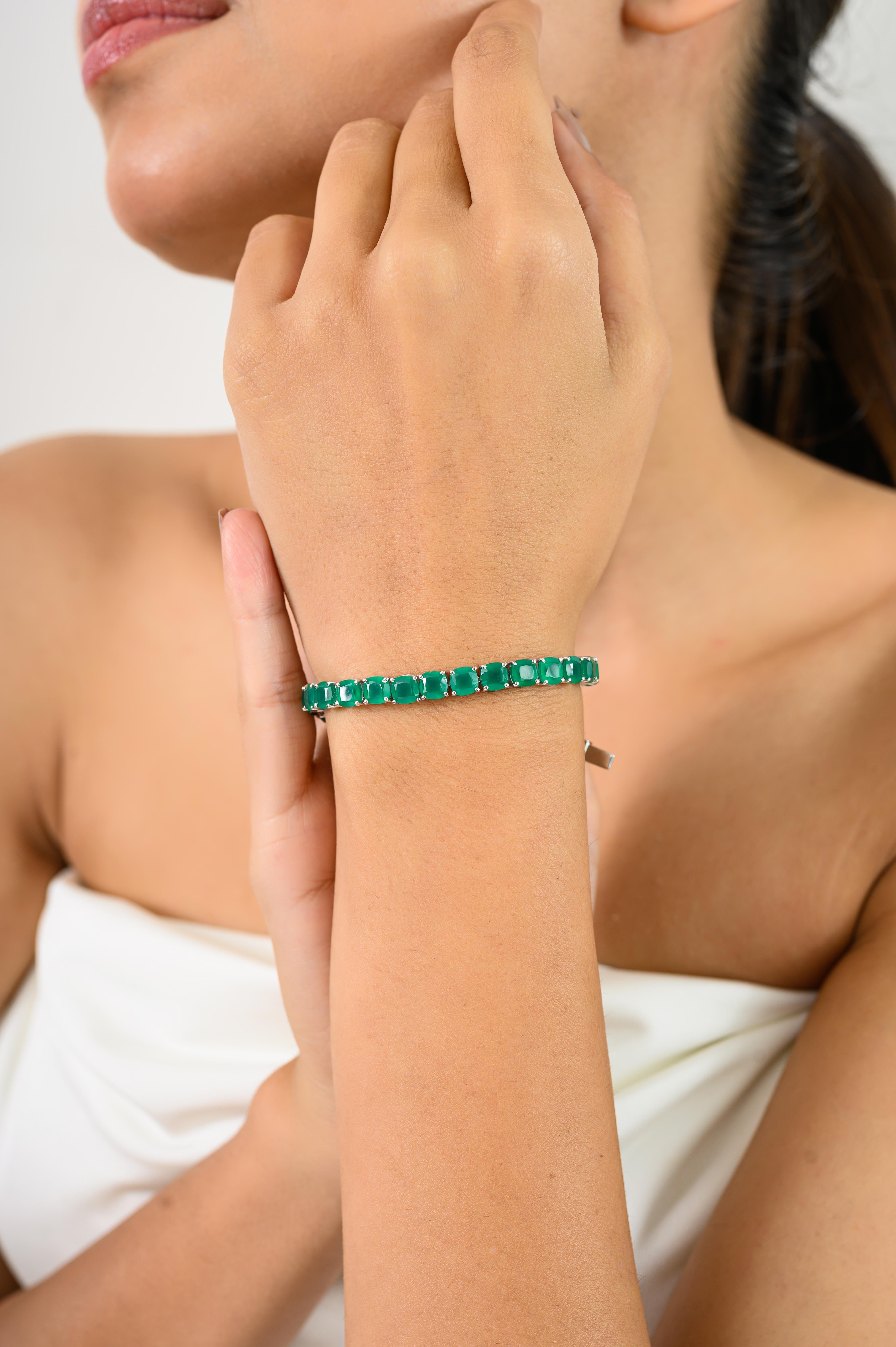 Bracciale tennis in argento 925 con onice verde tagliato a cuscino per un regalo di anniversario di matrimonio in vendita 2