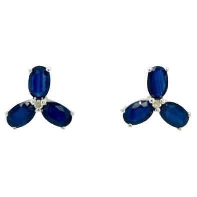925 Silver Dainty Blue Sapphire and Diamond Stud Earrings for Her For Sale