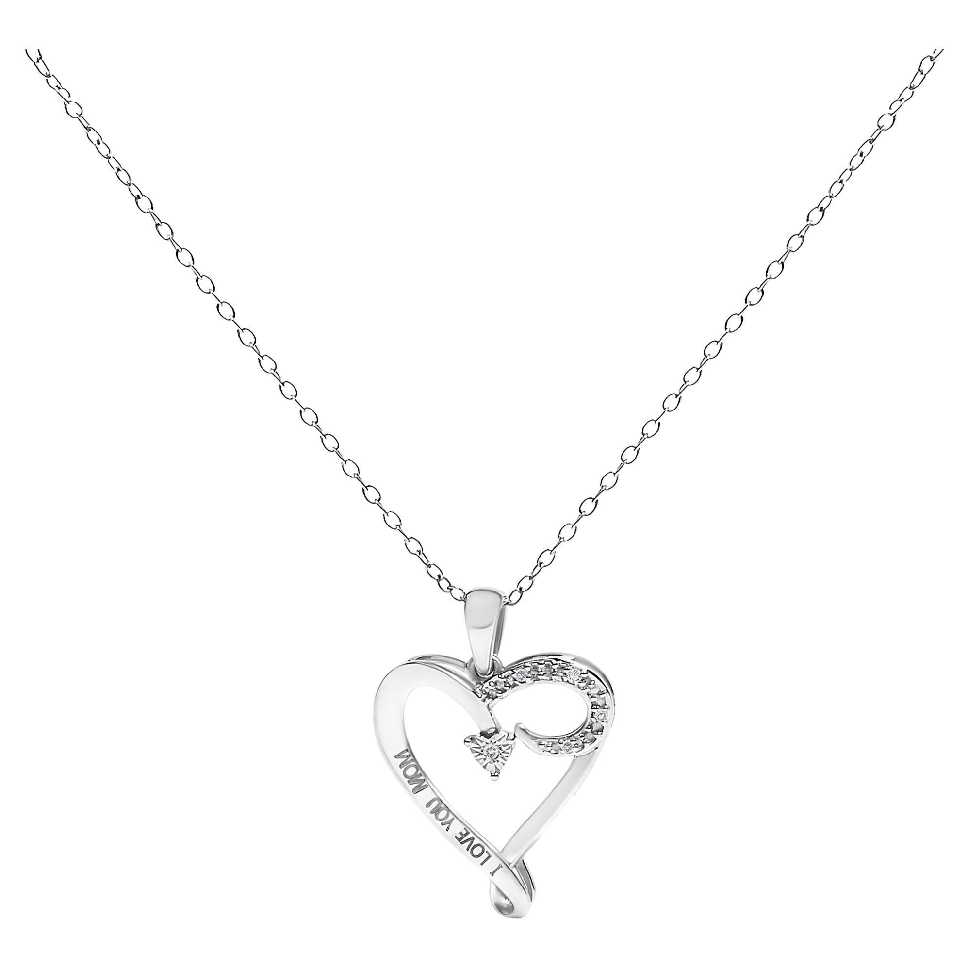 .925 Silver Diamond Accent "I LOVE YOU MOM" Heart Pendant Necklace