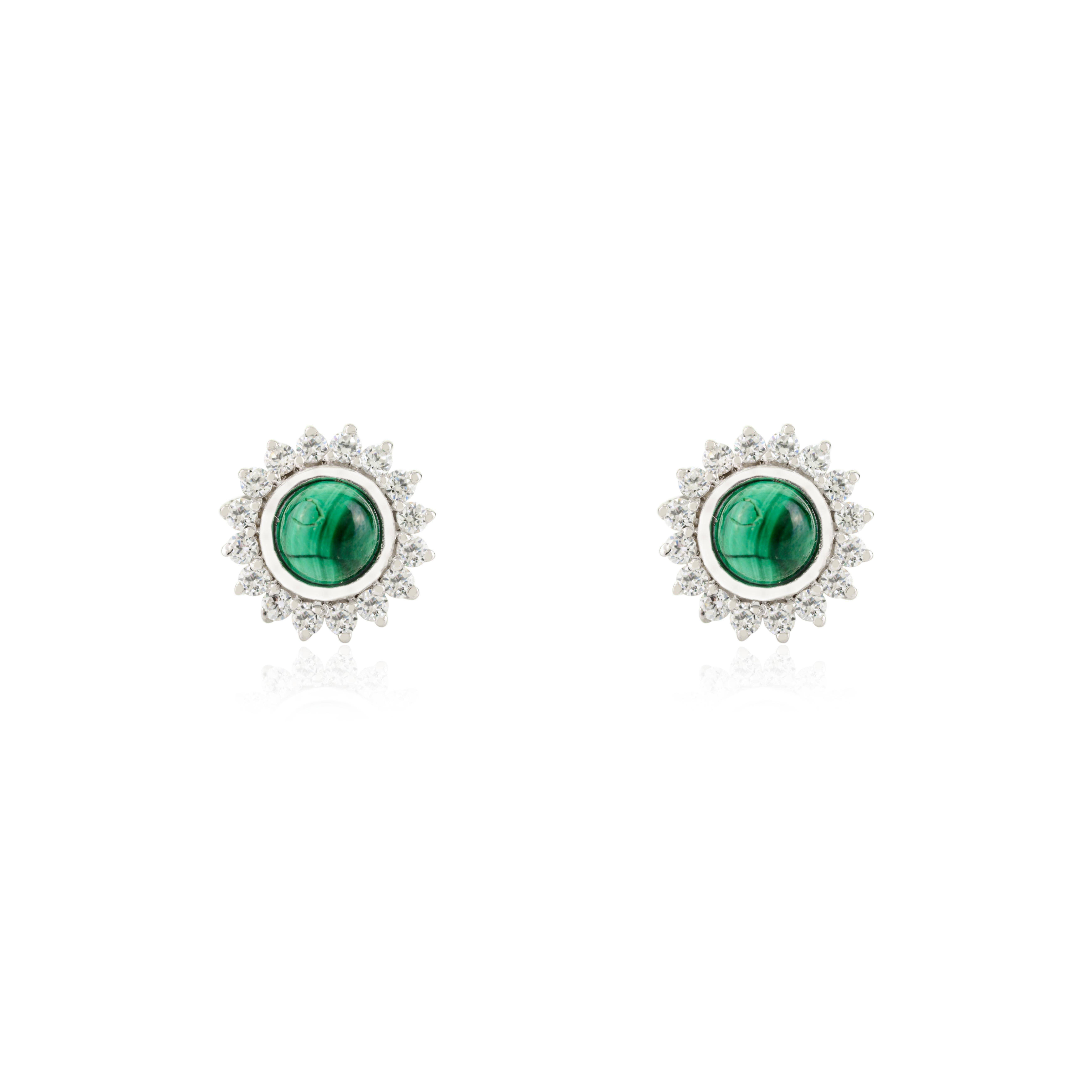 Boucles d'oreilles en argent 925 Design/One avec malachite et zircons étincelants Neuf - En vente à New York, NY