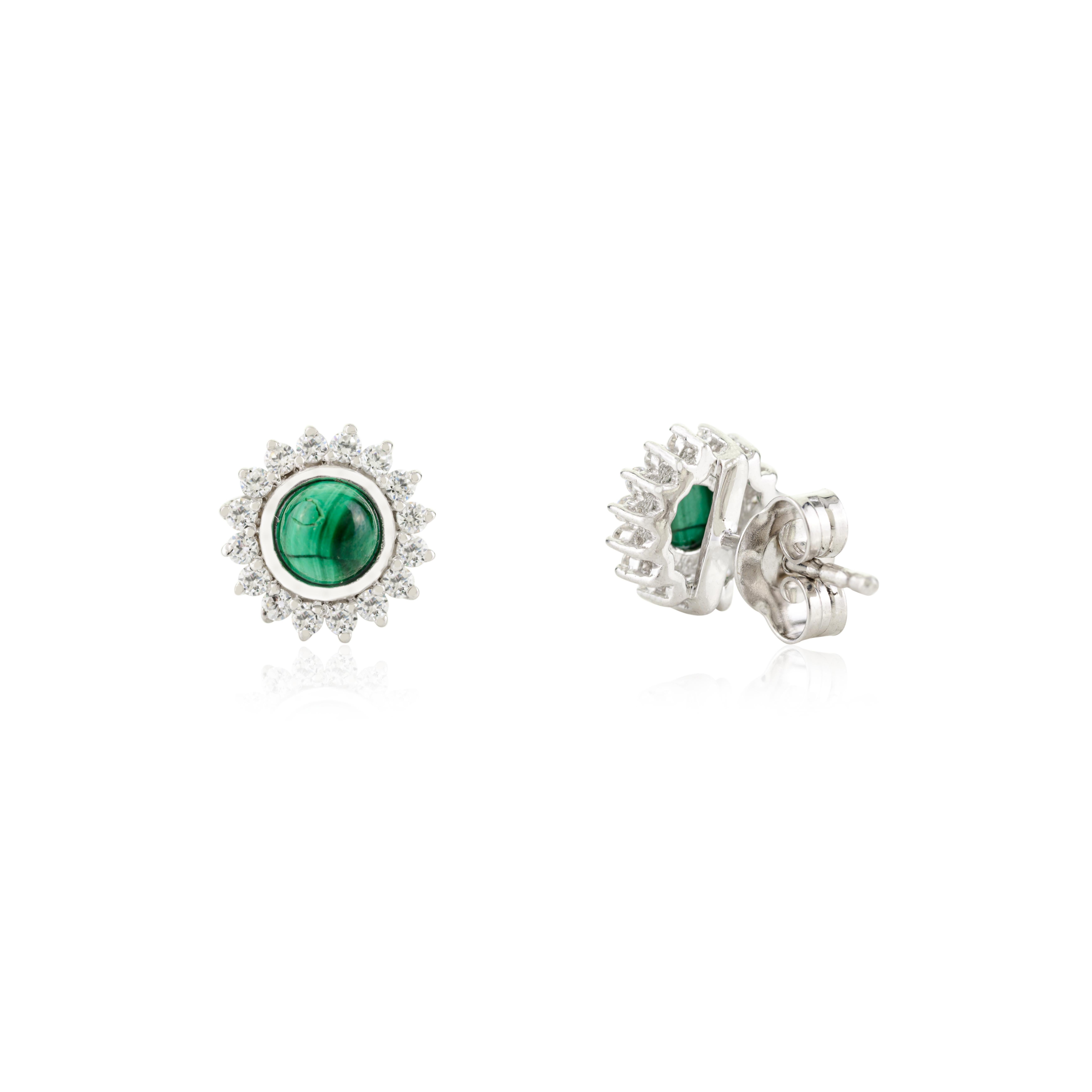 Boucles d'oreilles en argent 925 Design/One avec malachite et zircons étincelants en vente 1