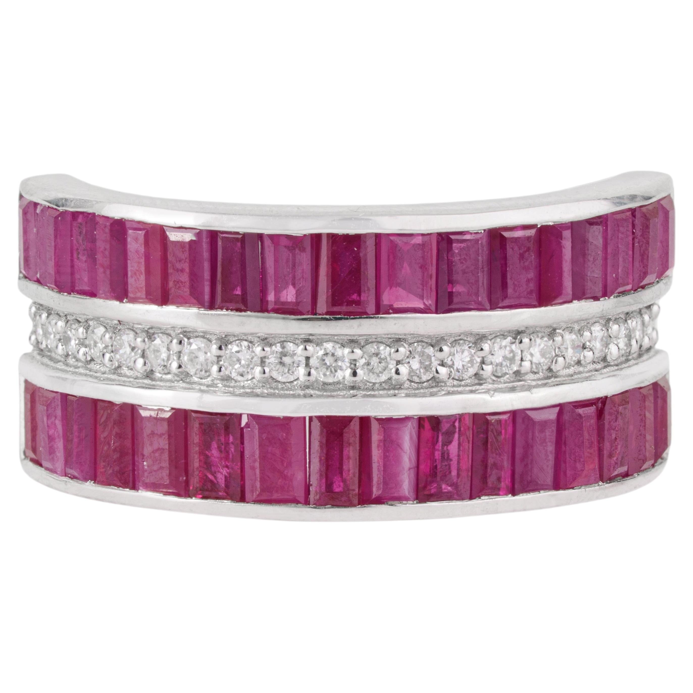 925 Silver Geometric Baguette Ruby & Diamond Triple Row Channel Set Band Ring