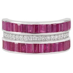 925 Silver Geometric Baguette Ruby & Diamond Triple Row Channel Set Band Ring