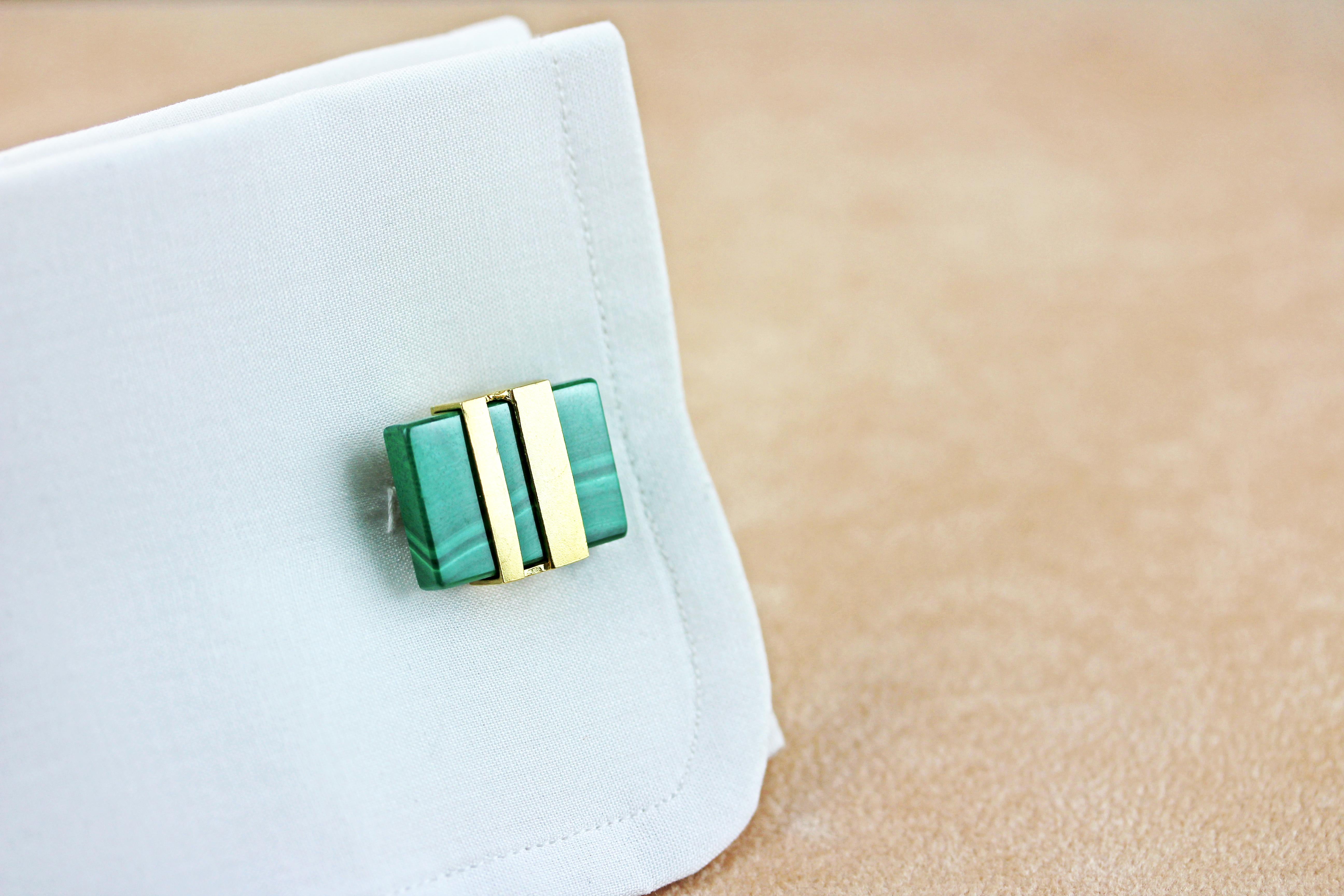 Mixed Cut 925 Silver Gold-Plated Malachite Cufflinks For Sale
