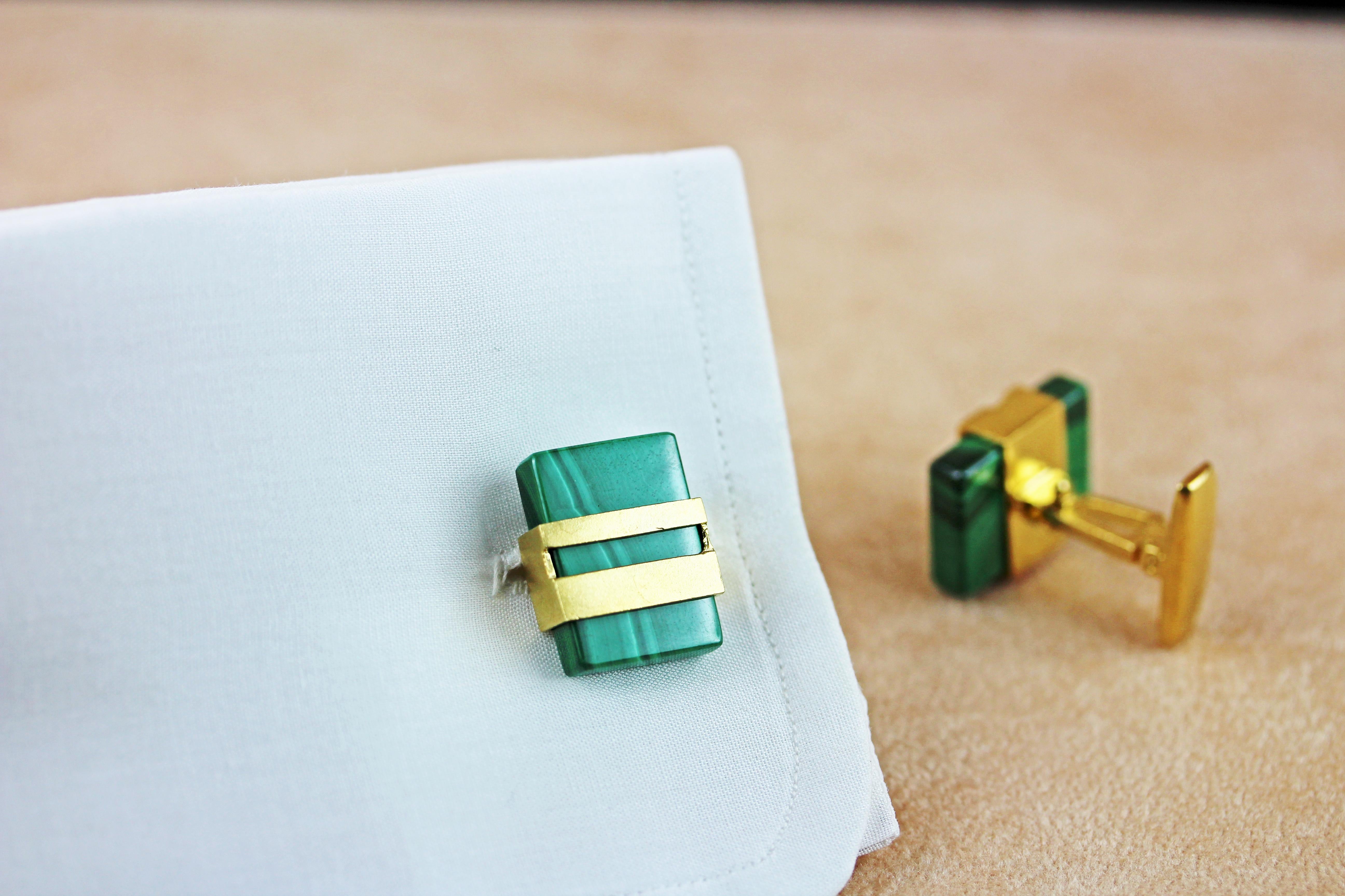 925 Silver Gold-Plated Malachite Cufflinks In New Condition In Milano, IT