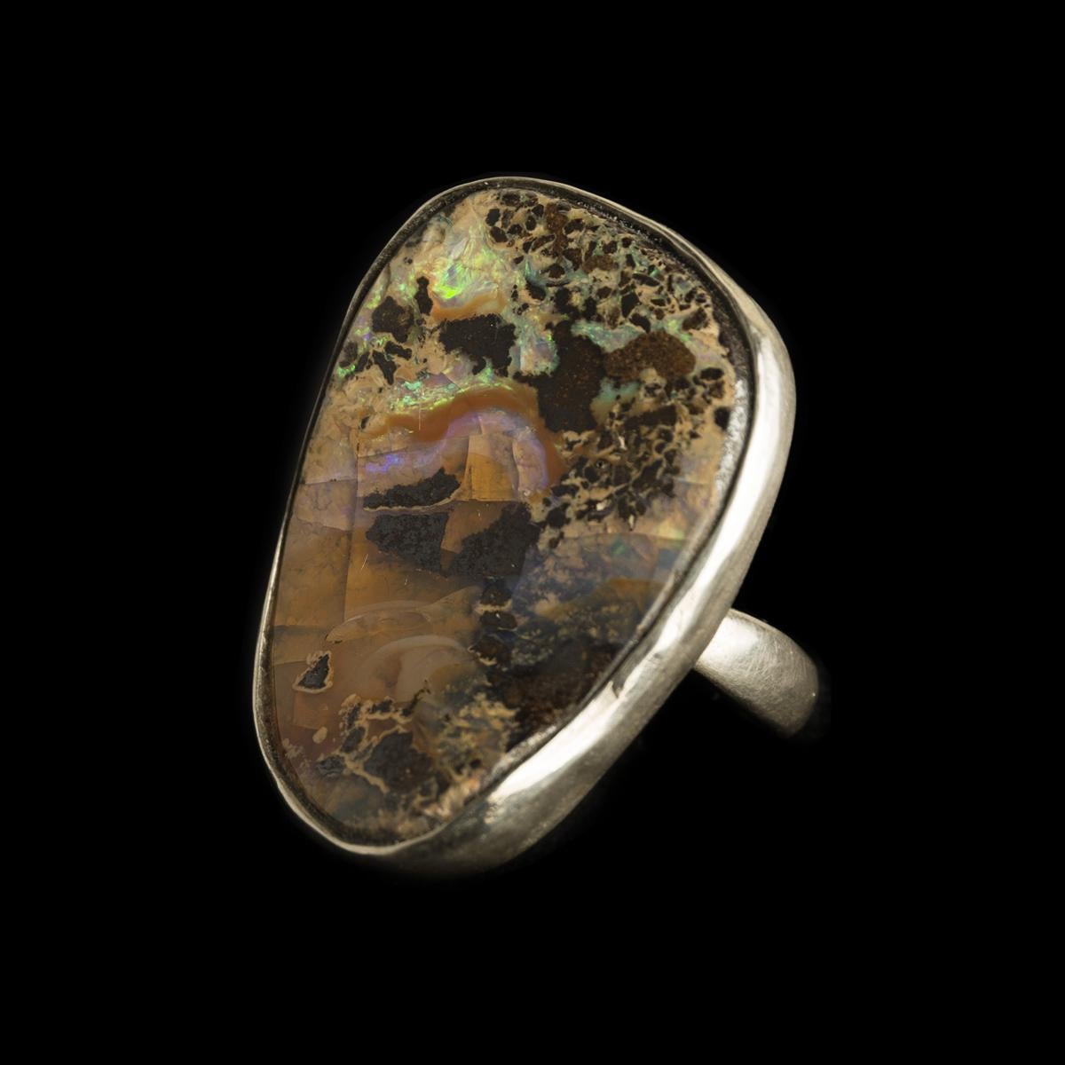 Mixed Cut 925 Silver Handmade Ring with Boulder Opal from Australia For Sale