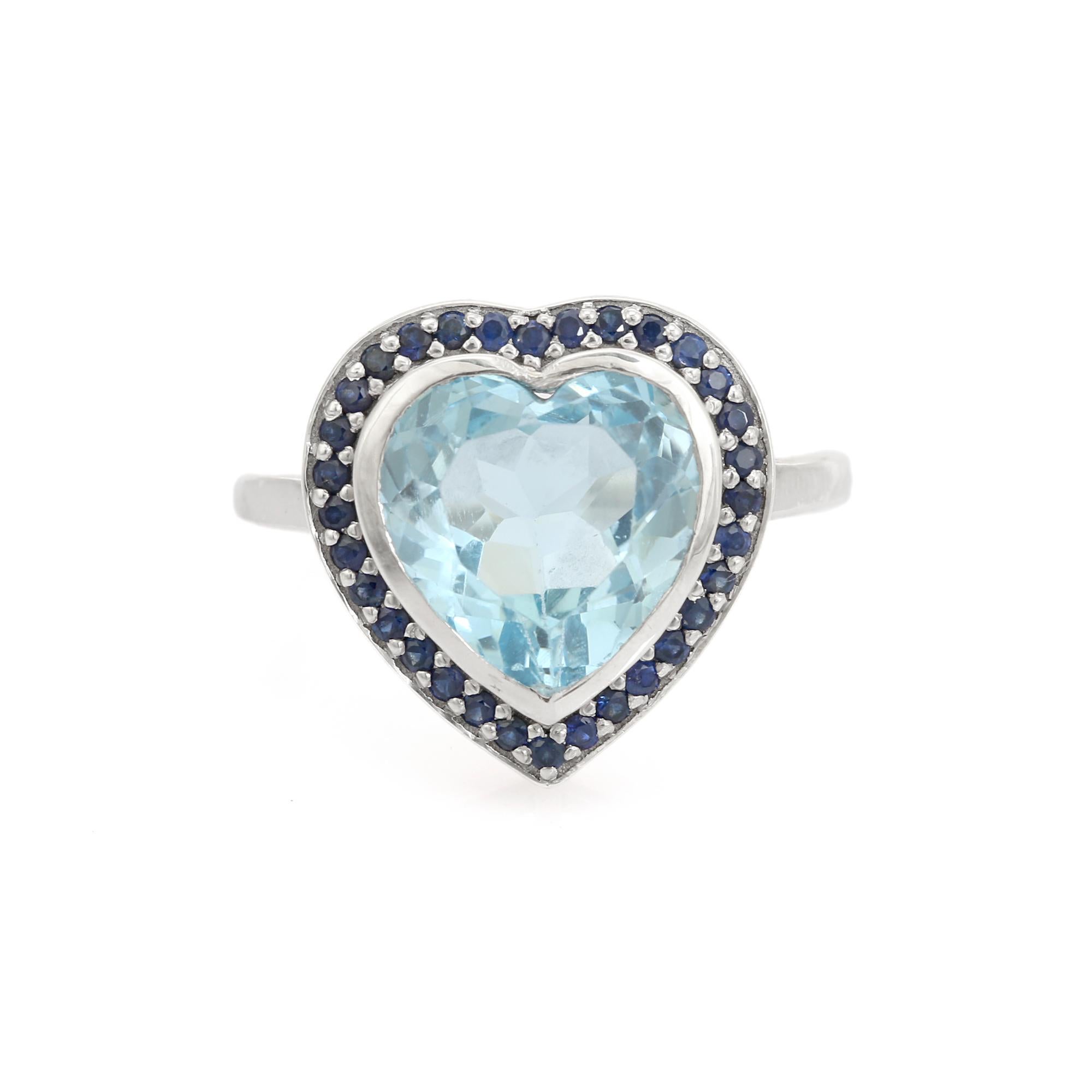 For Sale:  925 Silver Heart Shaped Blue Topaz and Sapphire Halo Promise Ring Gift for Her 5