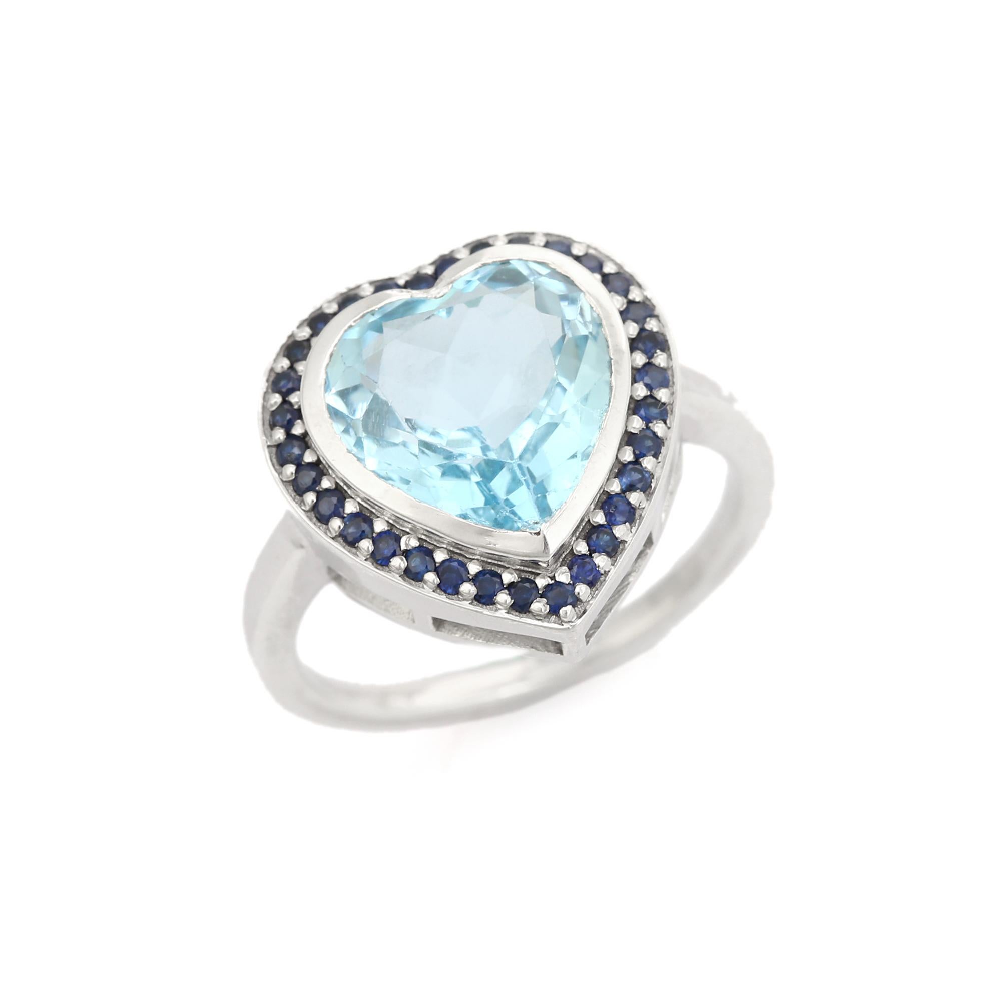 For Sale:  925 Silver Heart Shaped Blue Topaz and Sapphire Halo Promise Ring Gift for Her 6