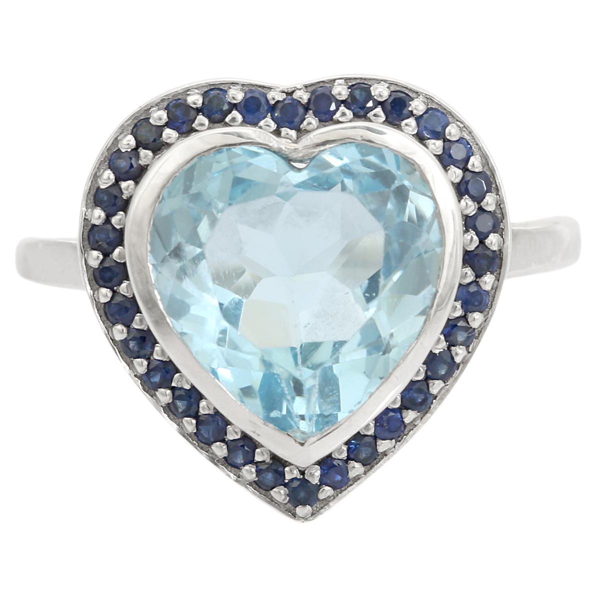 For Sale:  925 Silver Heart Shaped Blue Topaz and Sapphire Halo Promise Ring Gift for Her