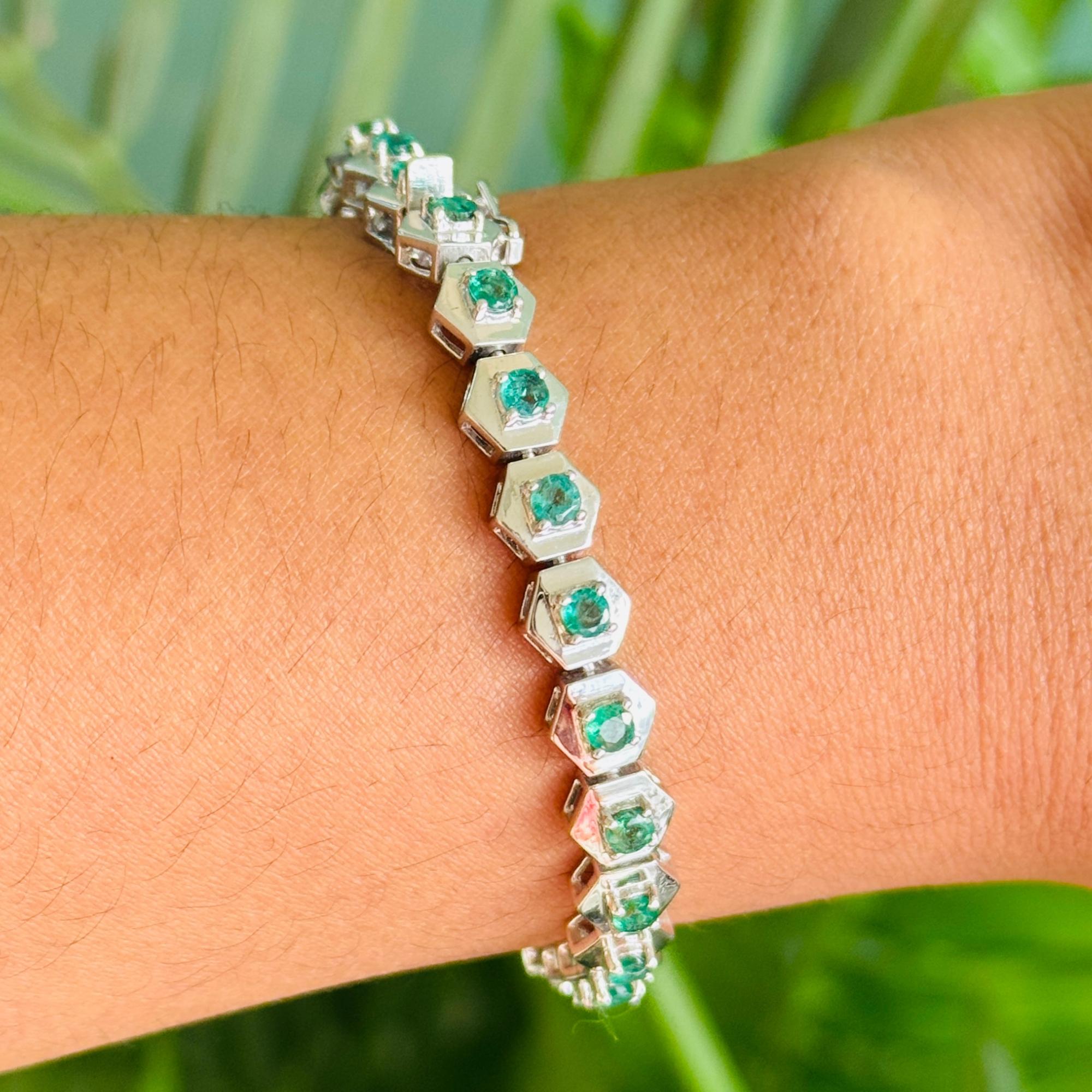 Pulsera Hexágono de Plata 925 en Esmeralda Genuina Regalo para Aniversario de Boda Corte redondo en venta