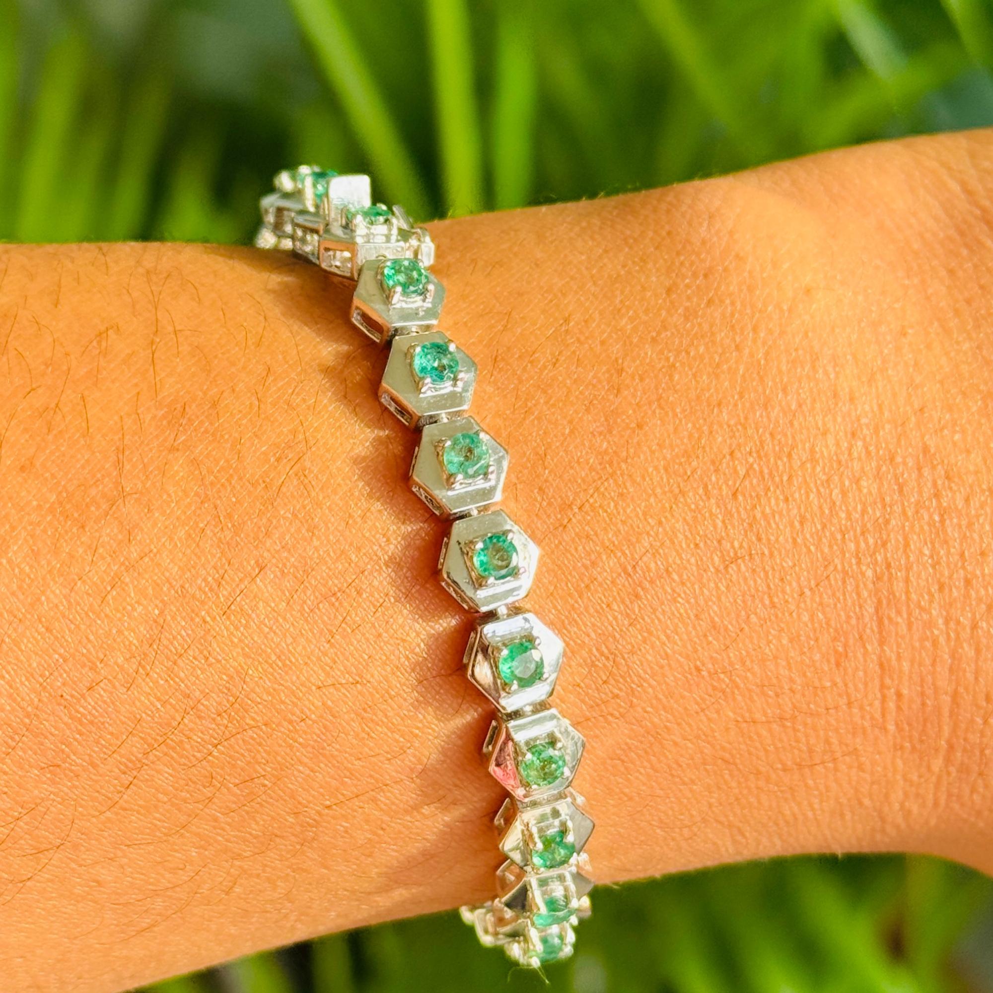 Pulsera Hexágono de Plata 925 en Esmeralda Genuina Regalo para Aniversario de Boda en venta 2