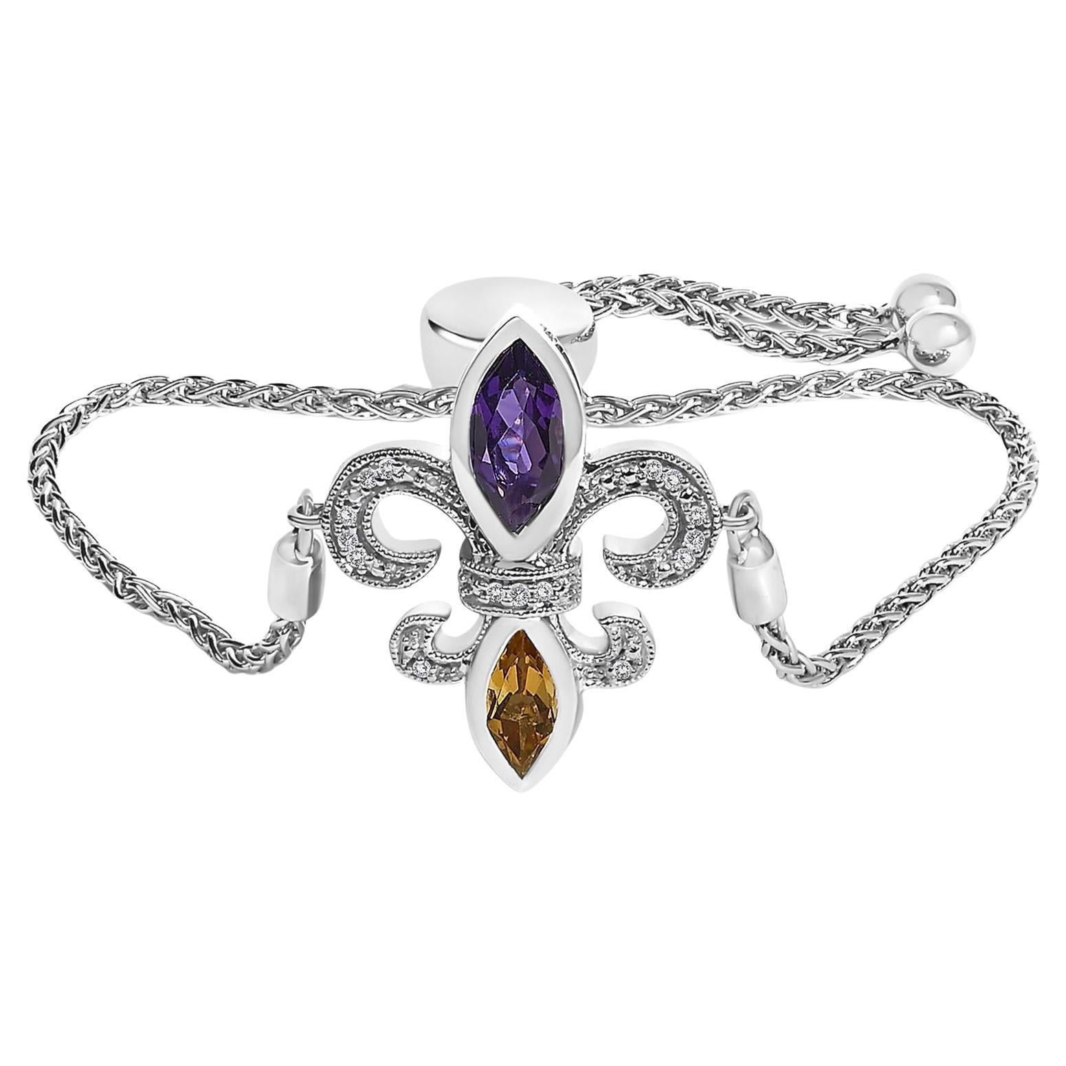 .925 Silver Marquise Purple Amethyst and Diamond Accent Adjustable Bolo Bracelet