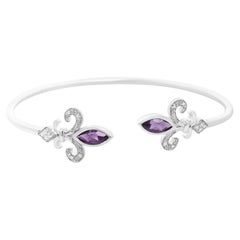 .925 Silver Marquise Purple Amethyst and Diamond Fleur Di Lis Open Cuff Bangle