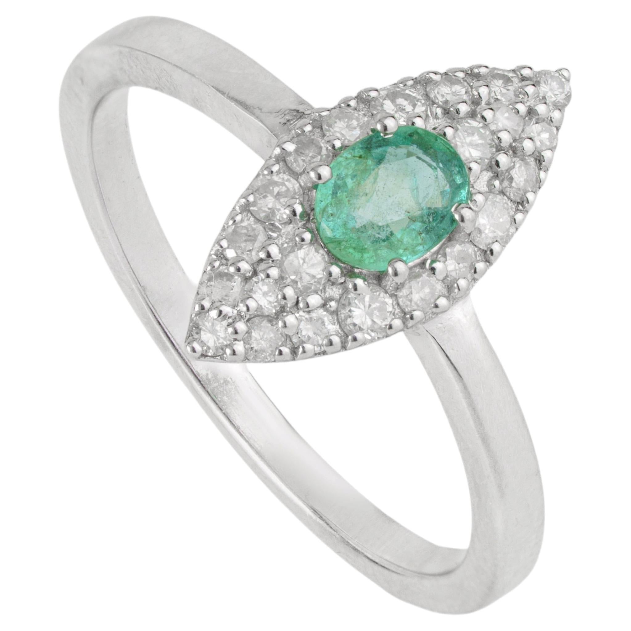 925 Silver Marquise Shaped Diamond Pavé Statement Ring with Oval Cut Emerald