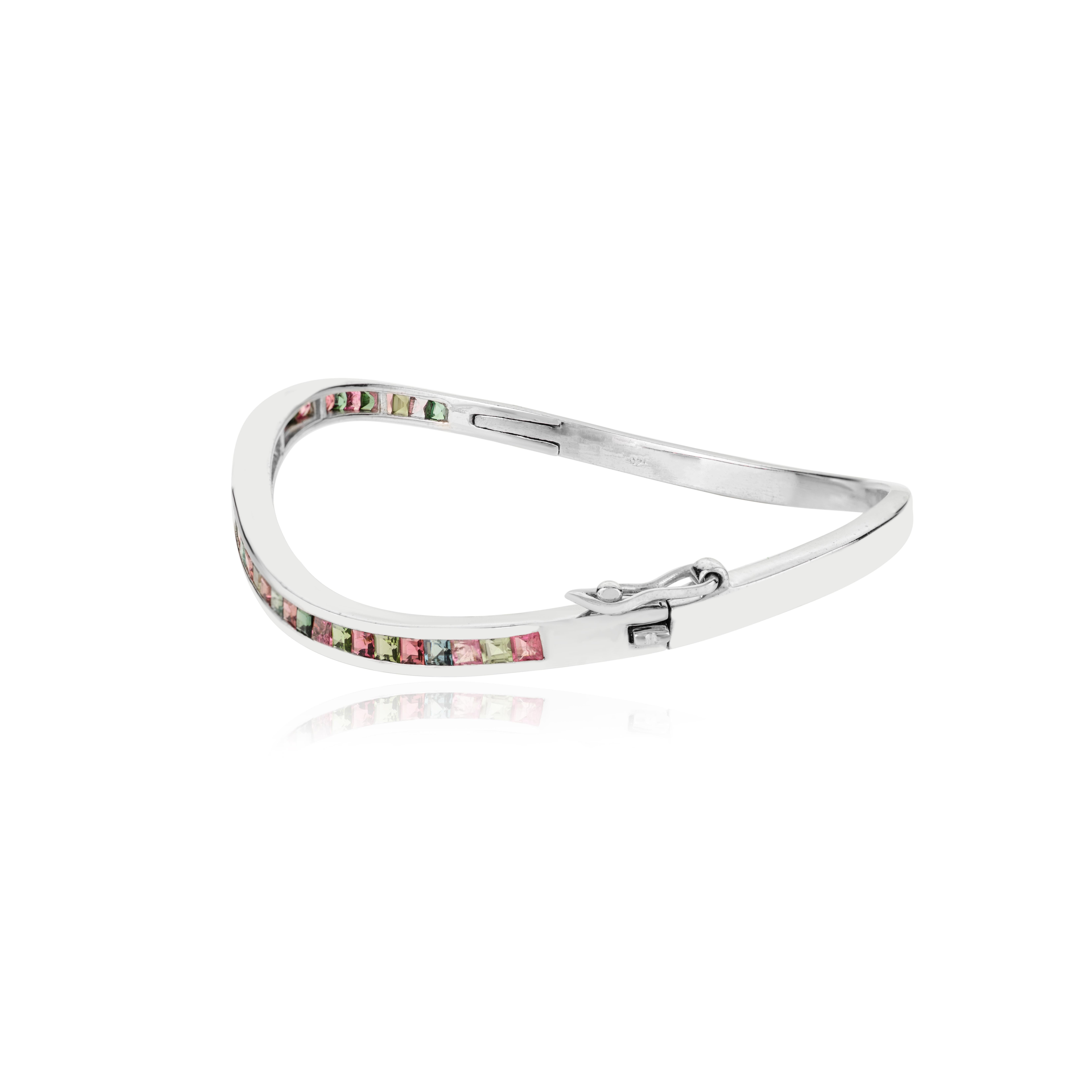 Art Nouveau 925 Silver Multi Tourmaline October Birthstone Wave Cuff Bangle Bracelet for Her For Sale