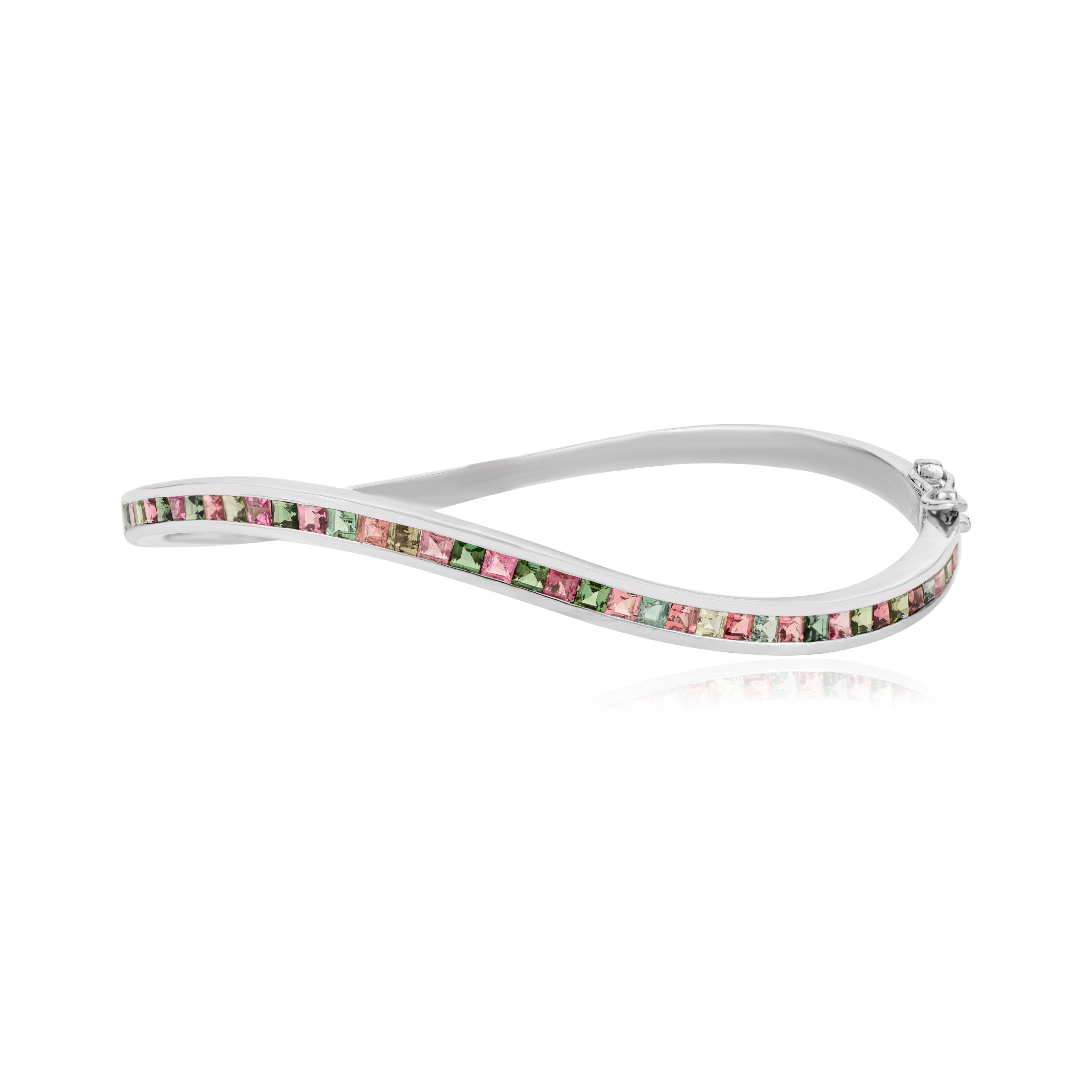Square Cut 925 Silver Multi Tourmaline October Birthstone Wave Cuff Bangle Bracelet for Her For Sale