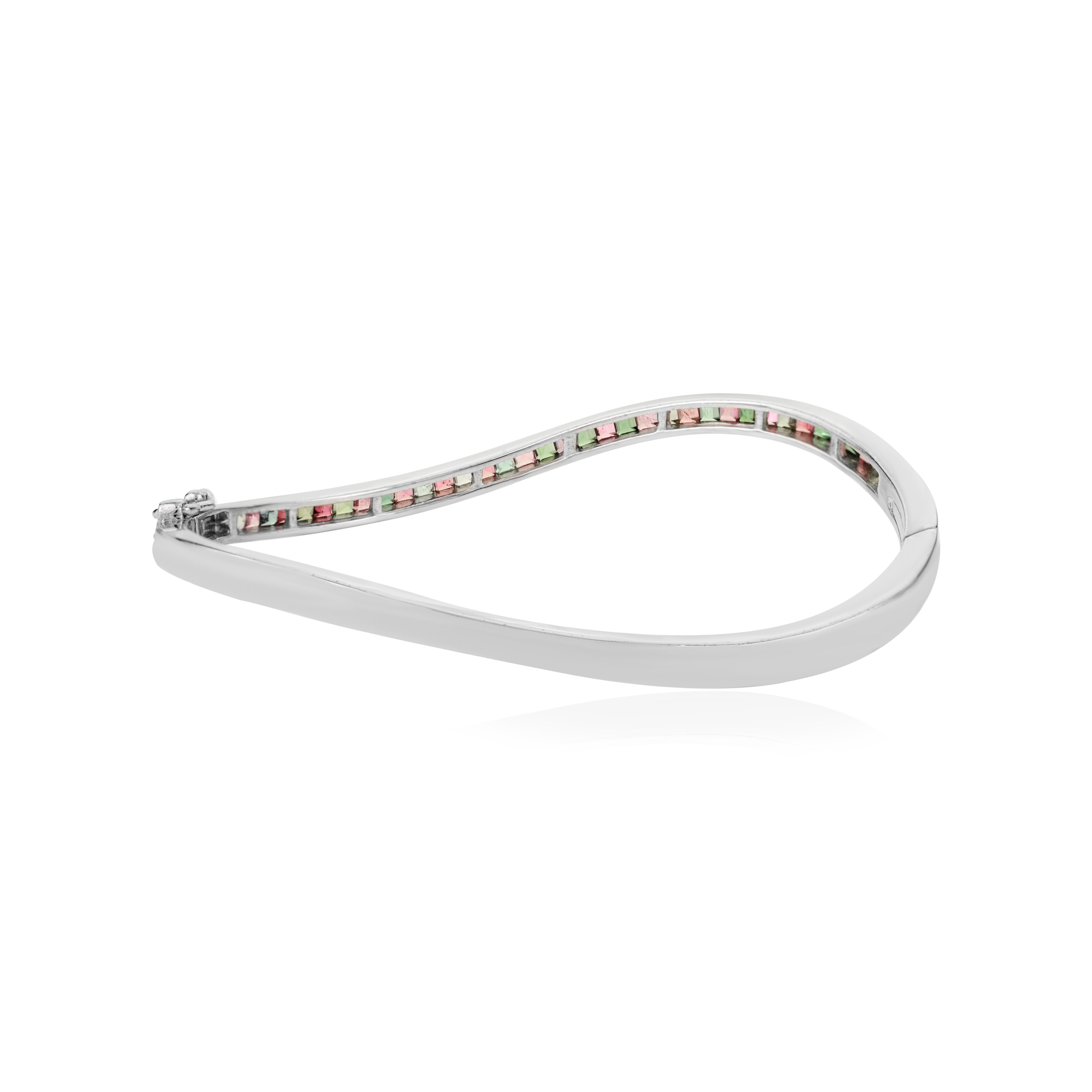 925 Silver Multi Tourmaline October Birthstone Wave Cuff Bangle Bracelet for Her In New Condition For Sale In New York, NY