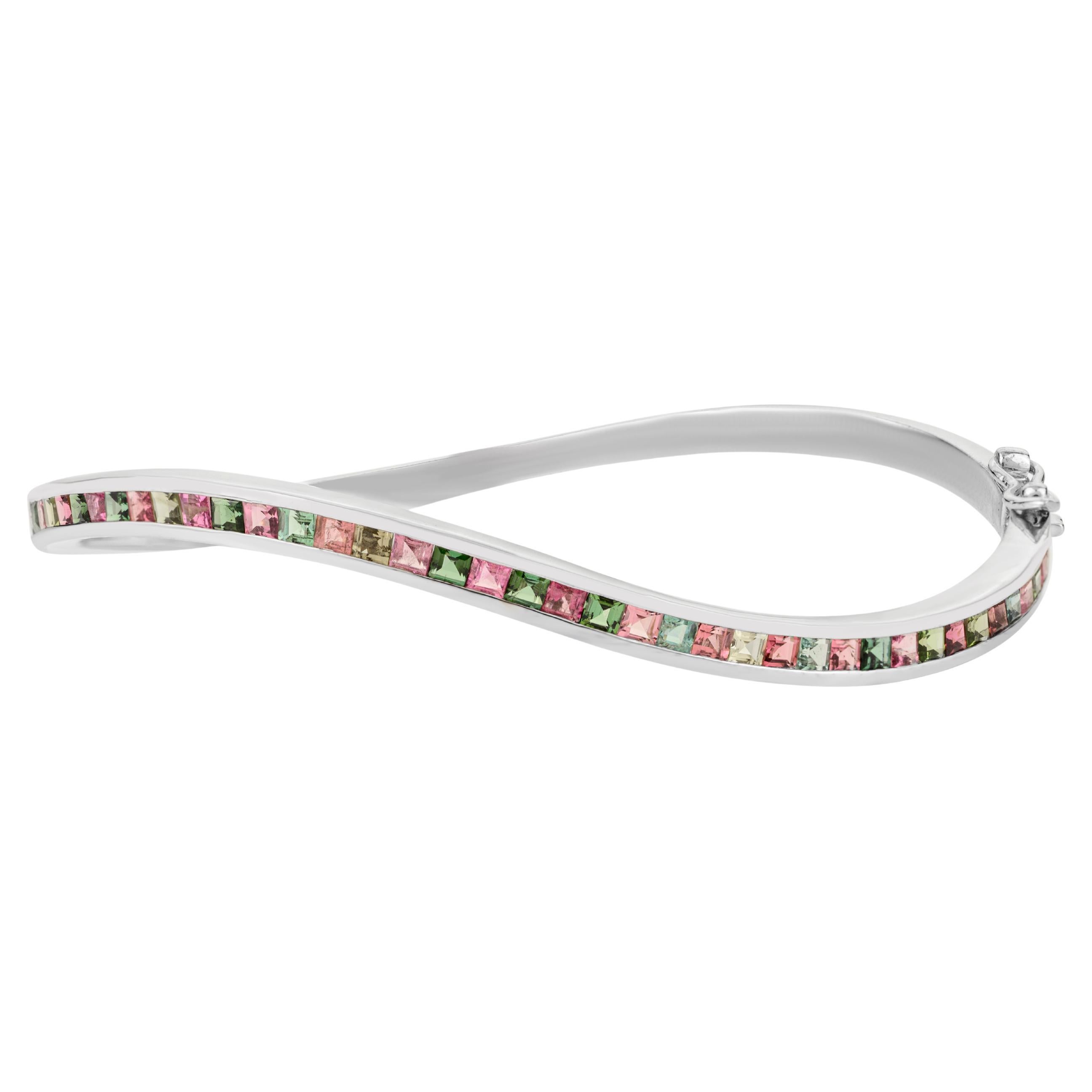 925 Silver Multi Tourmaline October Birthstone Wave Cuff Bangle Bracelet for Her For Sale