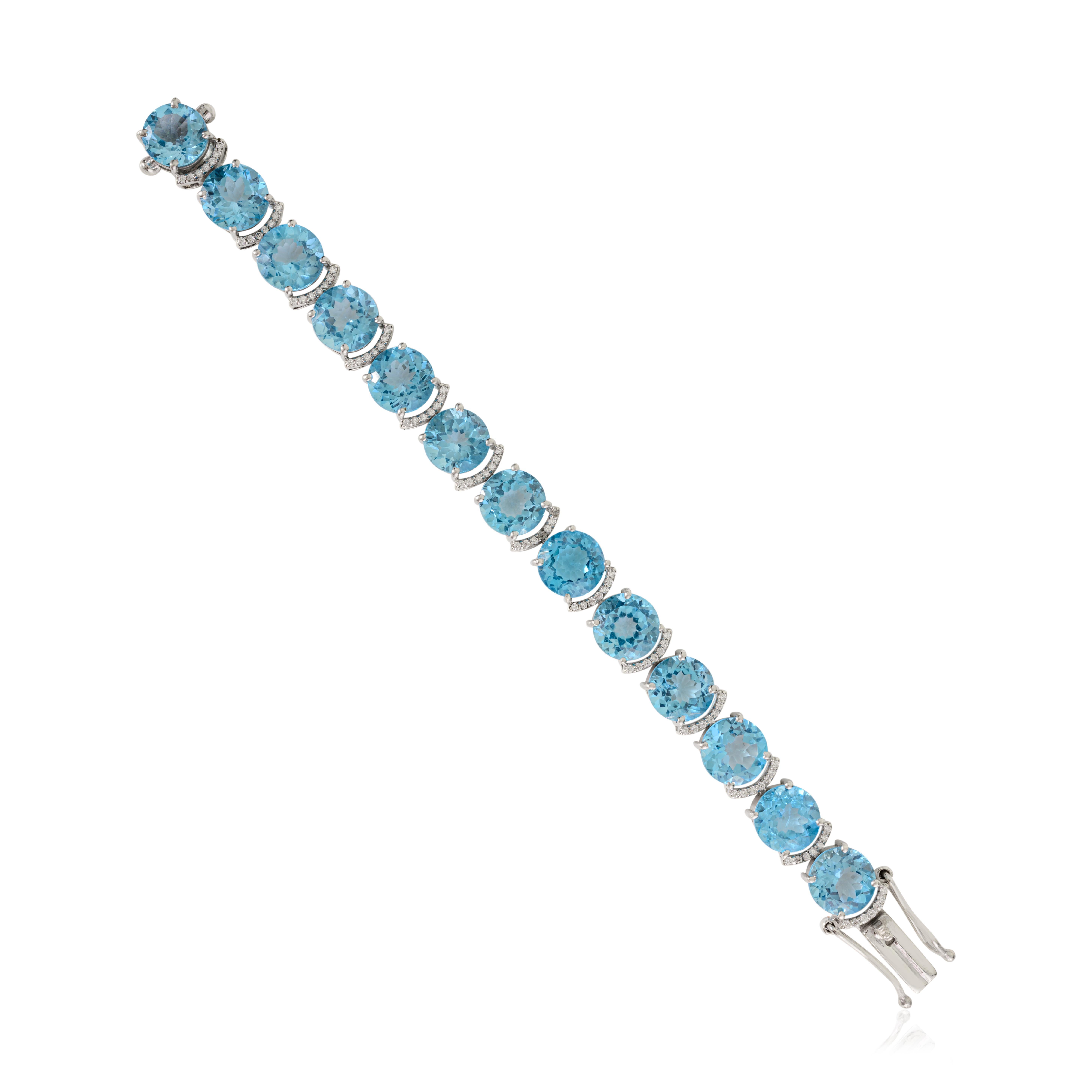 Moderne Bracelet de tennis en argent 925 avec topaze bleue naturelle et zircon en vente
