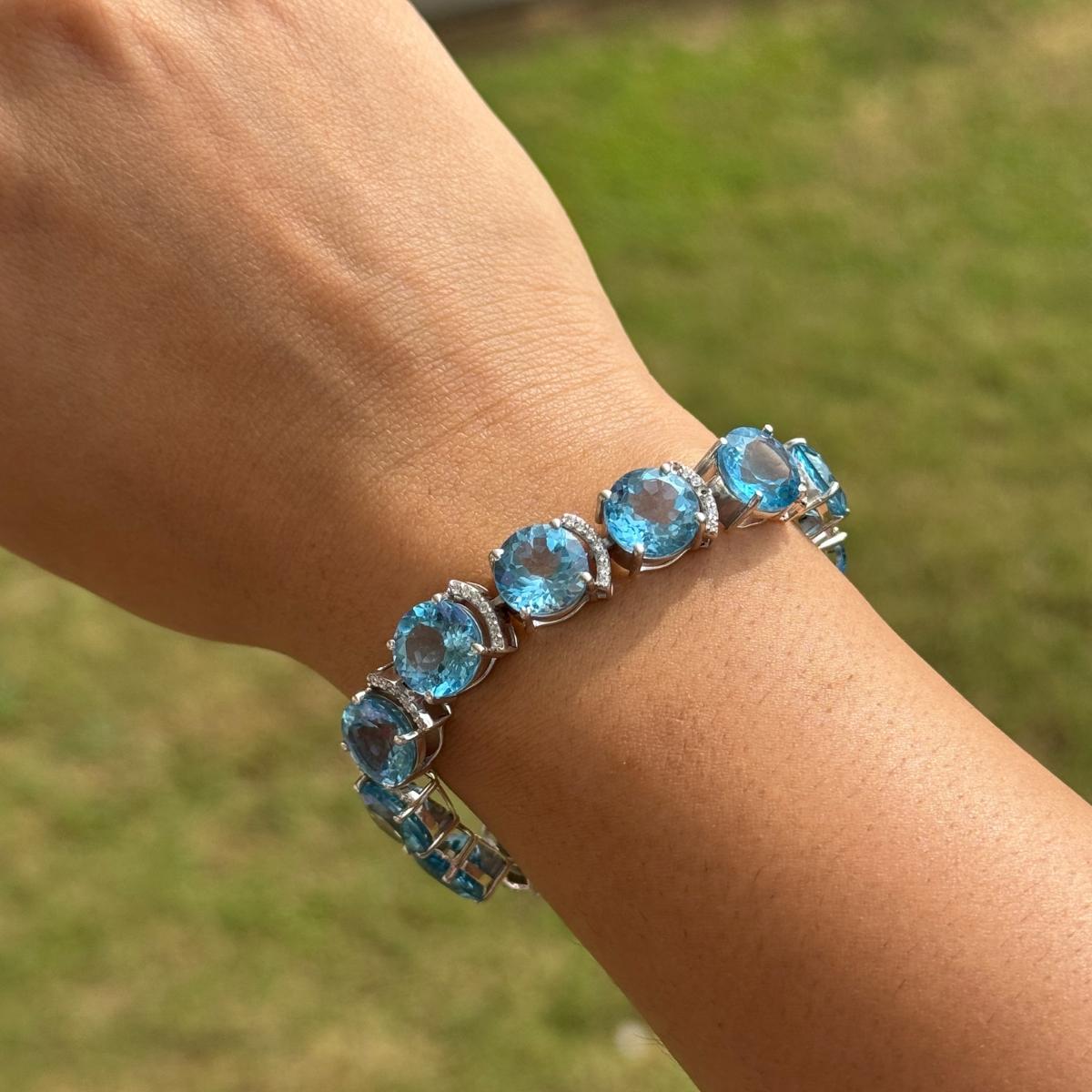 Bracelet de tennis en argent 925 avec topaze bleue naturelle et zircon Pour femmes en vente