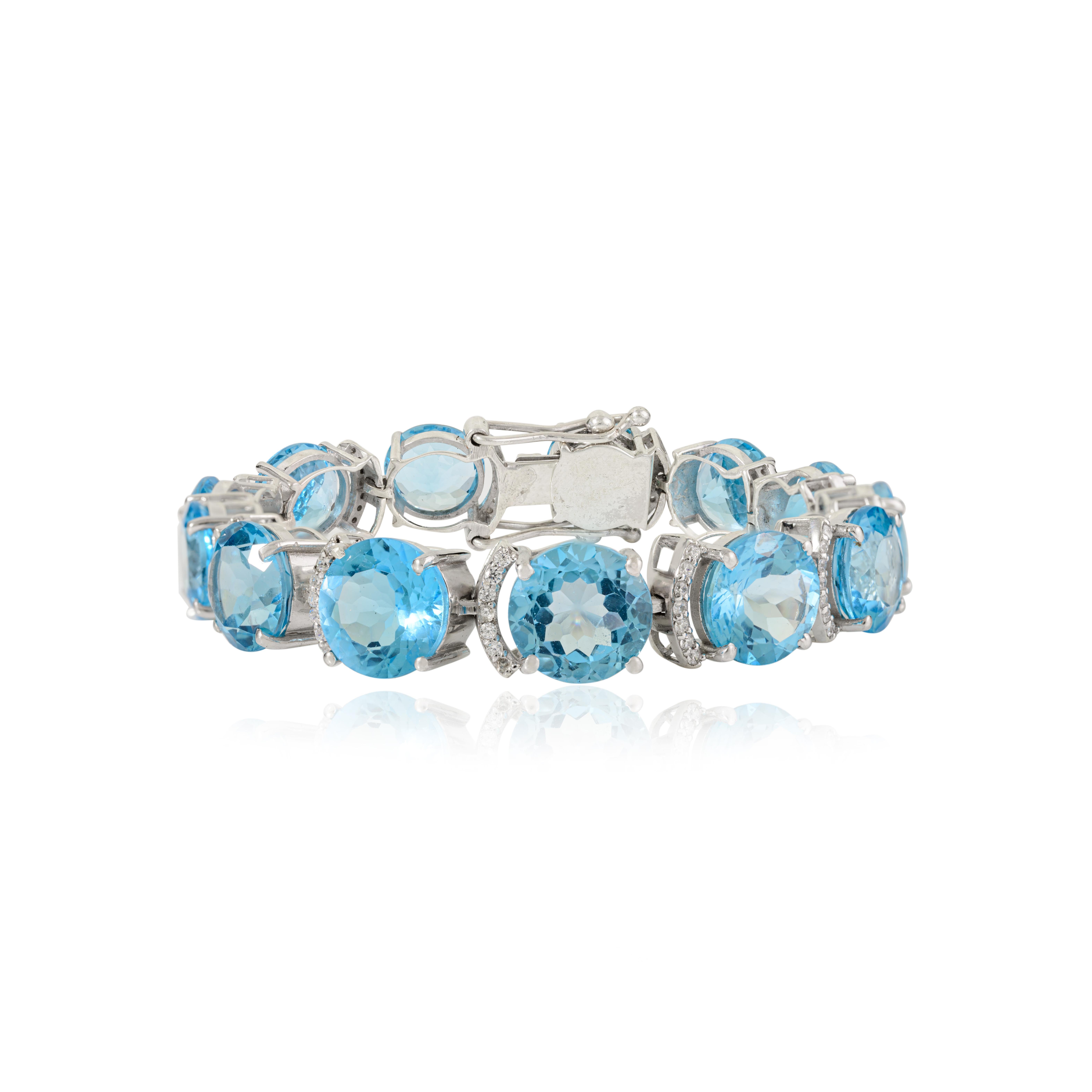 Bracelet de tennis en argent 925 avec topaze bleue naturelle et zircon en vente 1