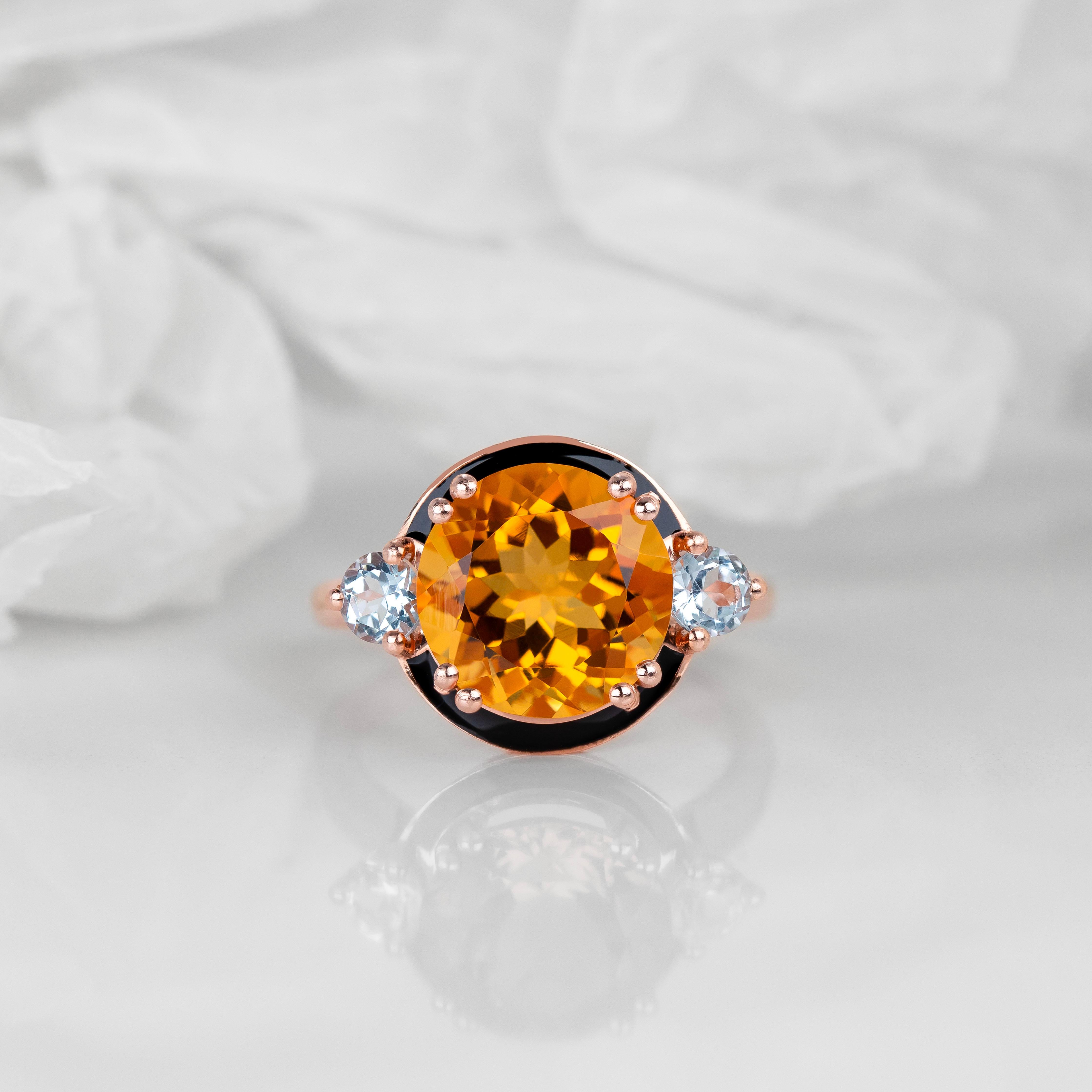 Anello in argento 925 placcato oro - Anello da cocktail con smalto in stile Art Déco, citrino naturale da 6-7,00 carati e topazio celeste - Gioielli in stile Art of Vintage per la festa della mamma - Regalo speciale per lei

Questo splendido anello