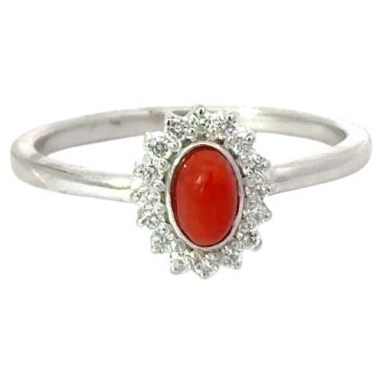 For Sale:  925 Silver Natural Coral Cabochon Gemstone & Zirconia Halo Ring for Grandma Gift