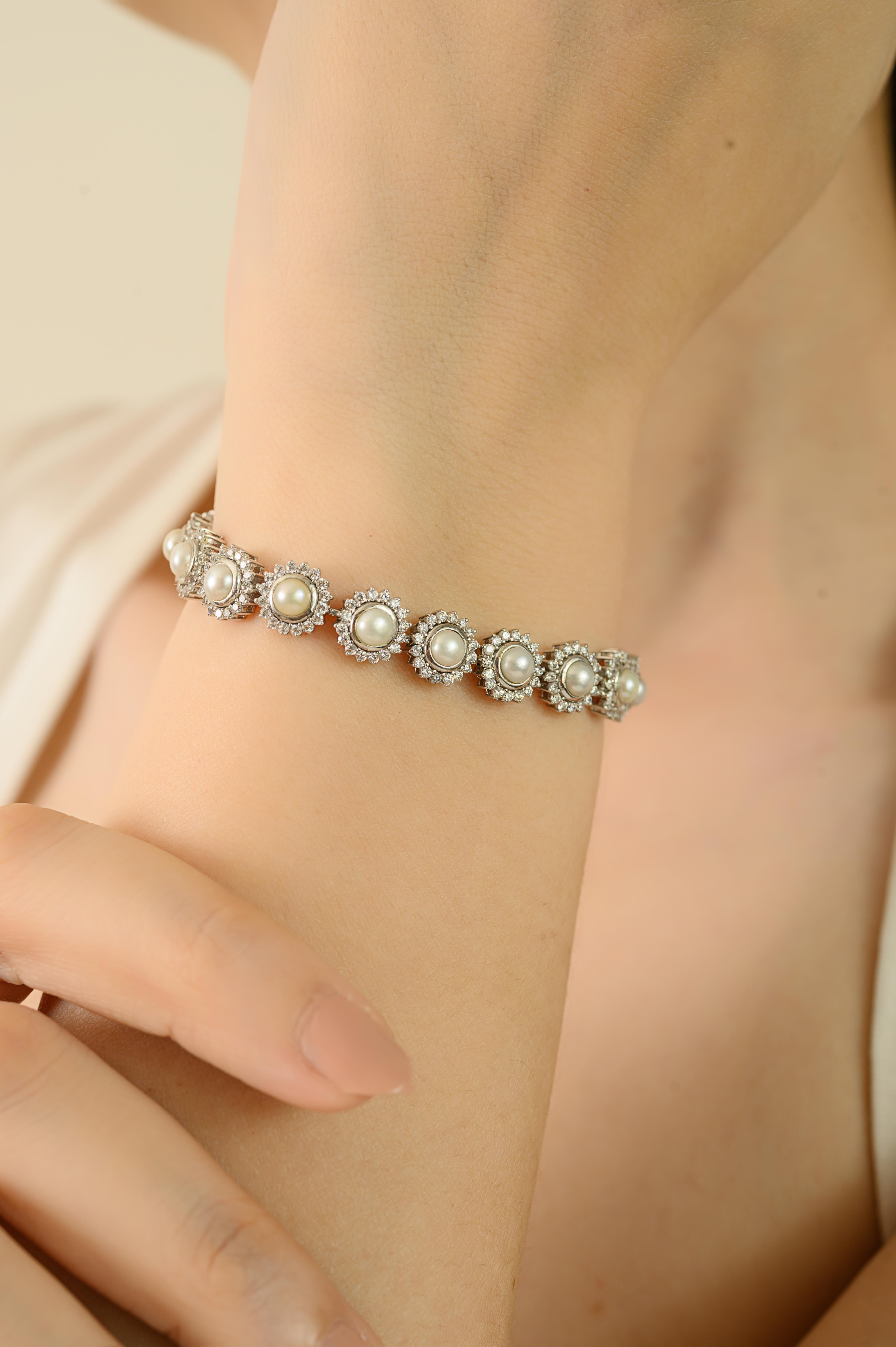 Handcrafted 925 Silver Tennis Bracelet with Natural Pearls & Halo Cubic Zircon, 925 sterling silver bracelet features natural pearls weighing 7.37 carats and sparkling cubic zircon stones totaling 5.43 carats,
sparkling cubic zircon all set in