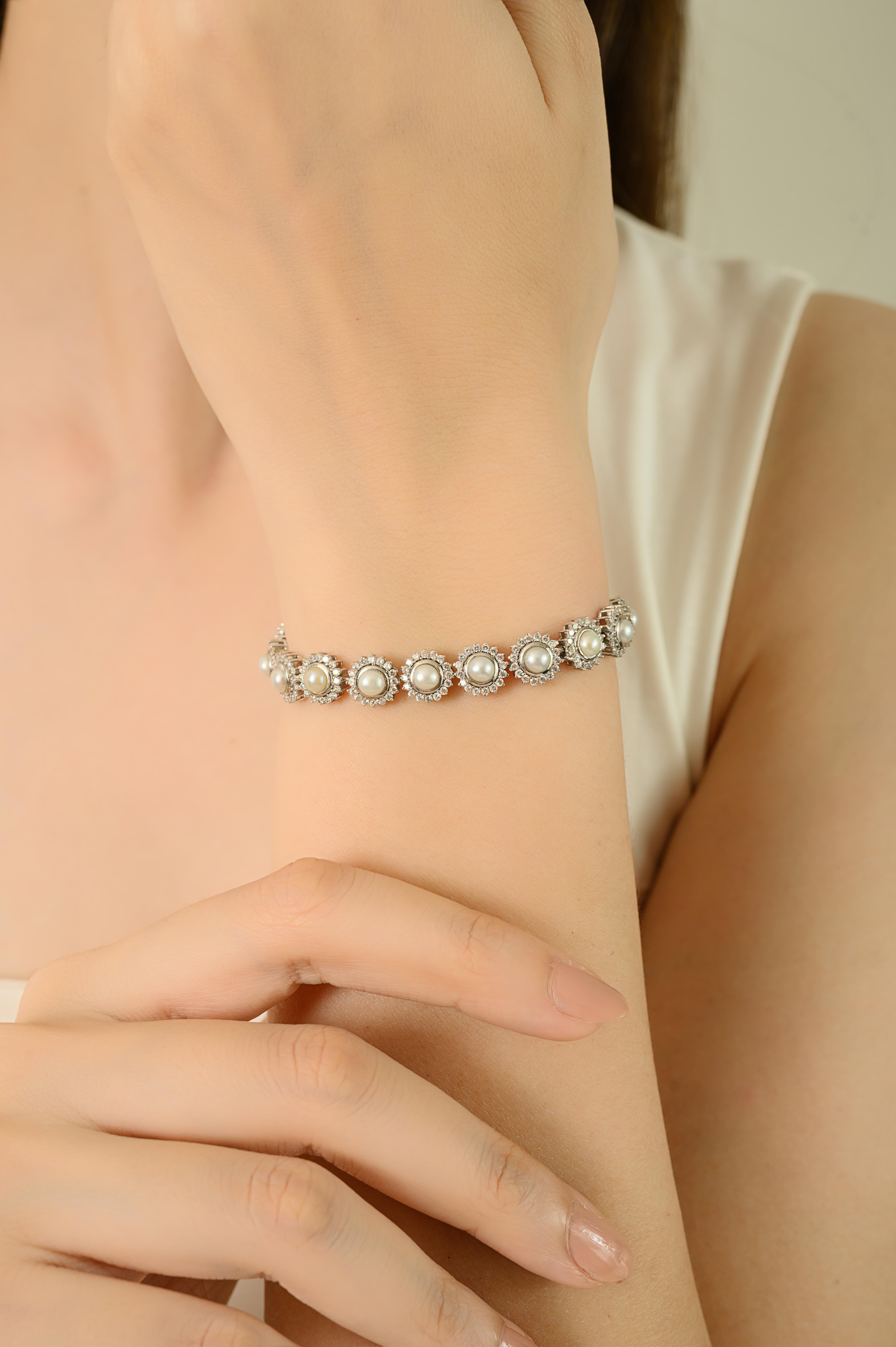 Women's 925 Silver Natural Pearl & Cubic Zirconia Halo Tennis Bracelet for Women For Sale