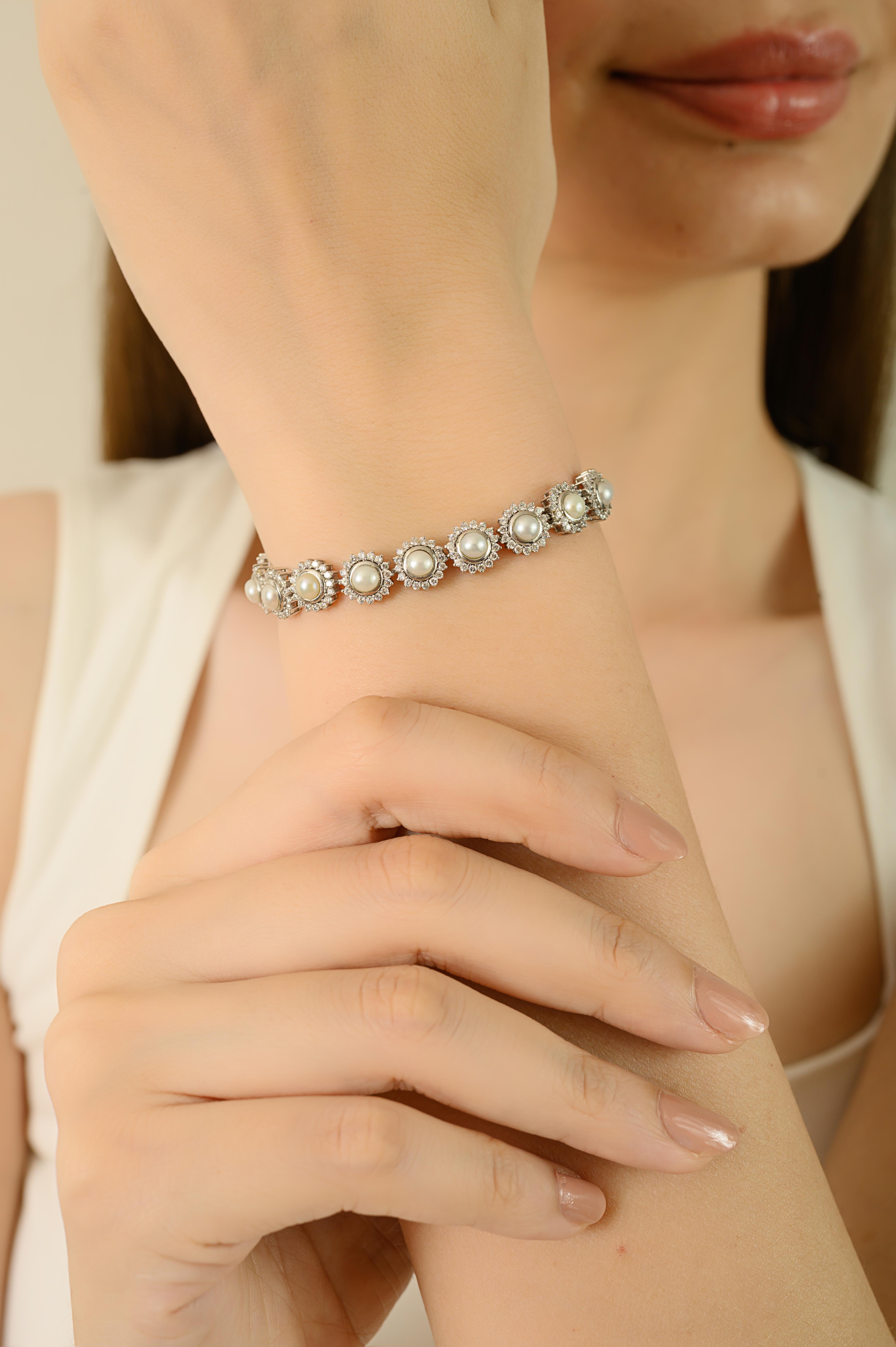 925 Silver Natural Pearl & Cubic Zirconia Halo Tennis Bracelet for Women For Sale 2
