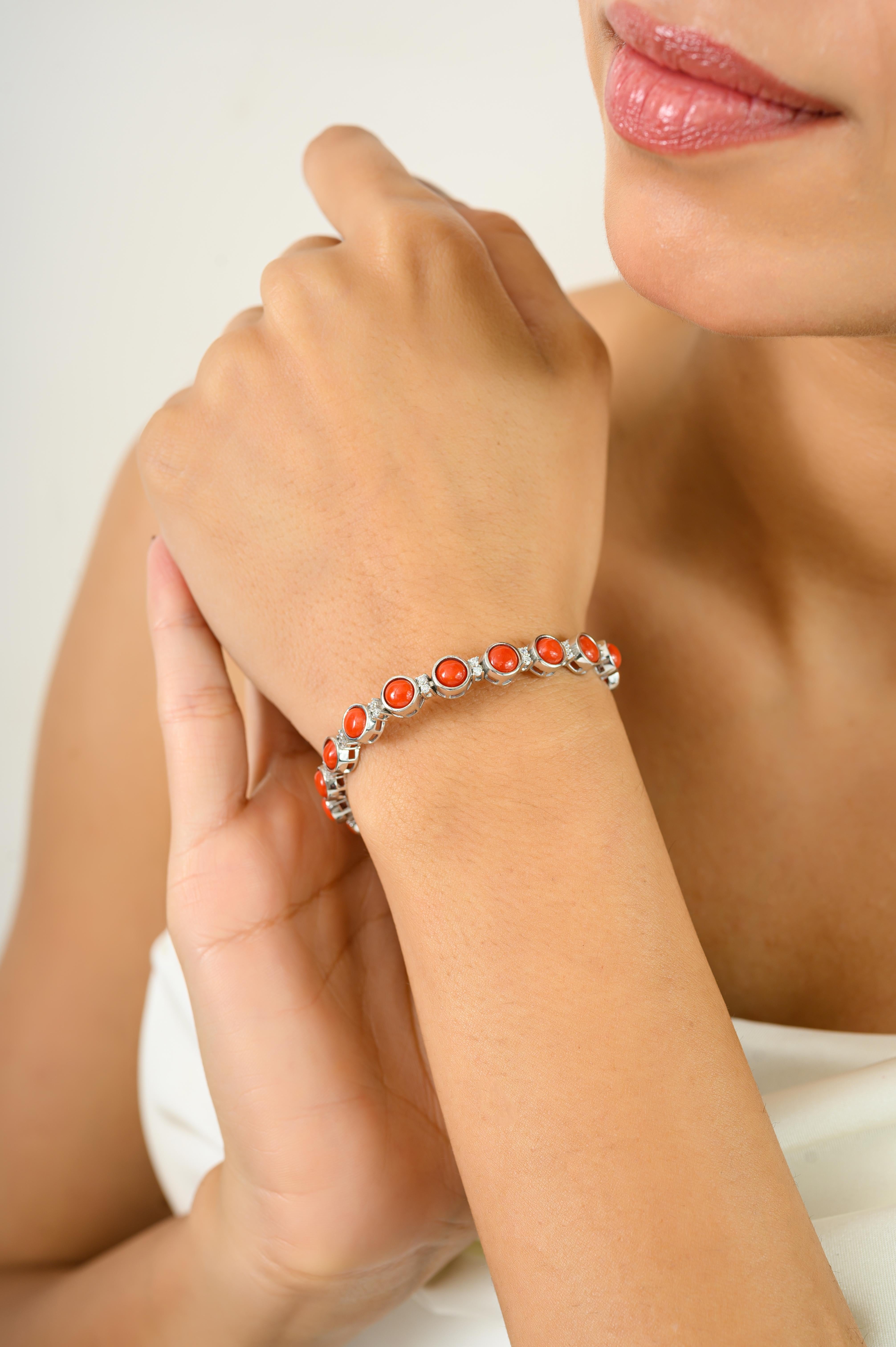 Pulsera de Tenis de Plata 925 con Cabujón de Coral Italiano Naranja y Piedra Redonda de Circón Corte redondo en venta