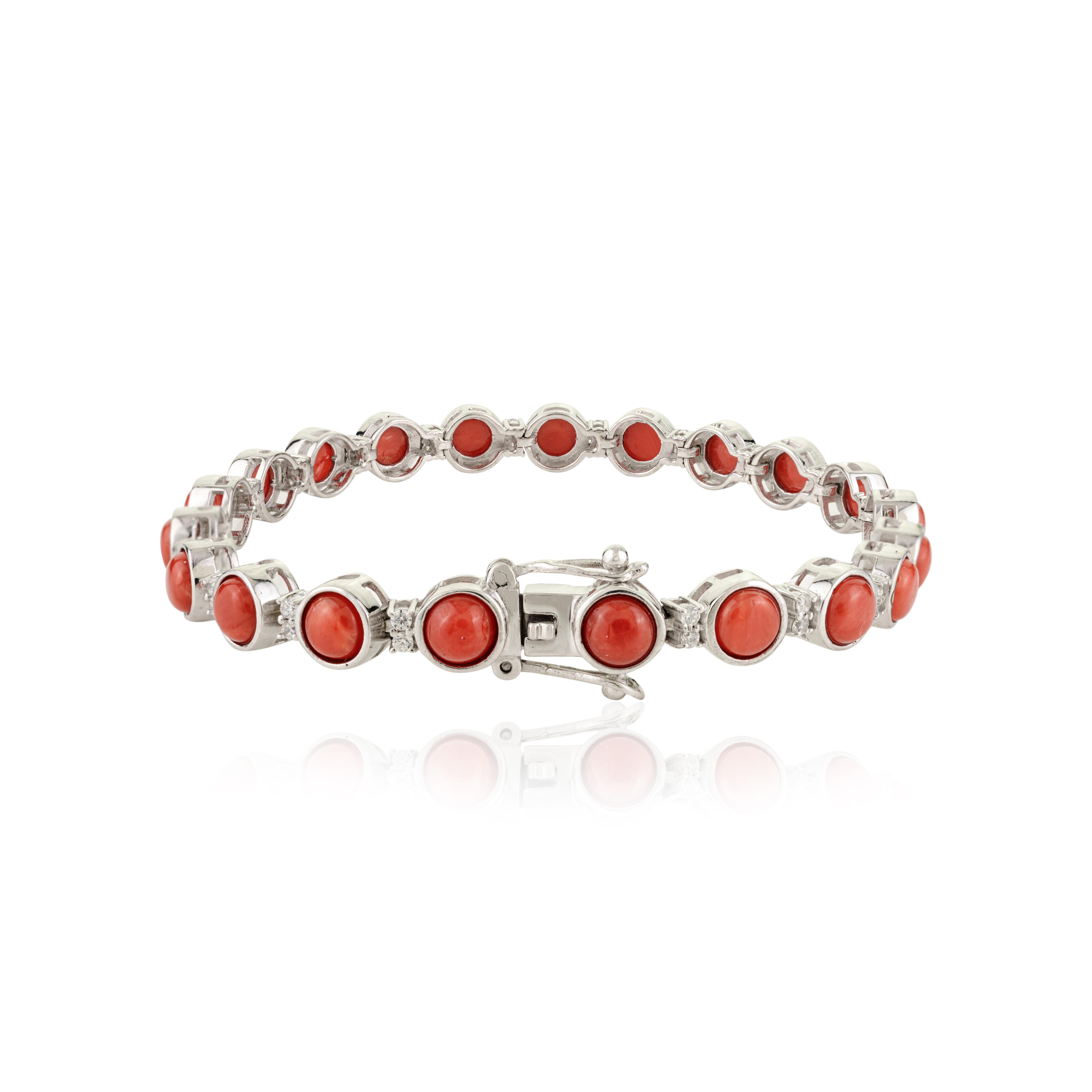 Pulsera de Tenis de Plata 925 con Cabujón de Coral Italiano Naranja y Piedra Redonda de Circón en Nuevo estado para la venta en New York, NY