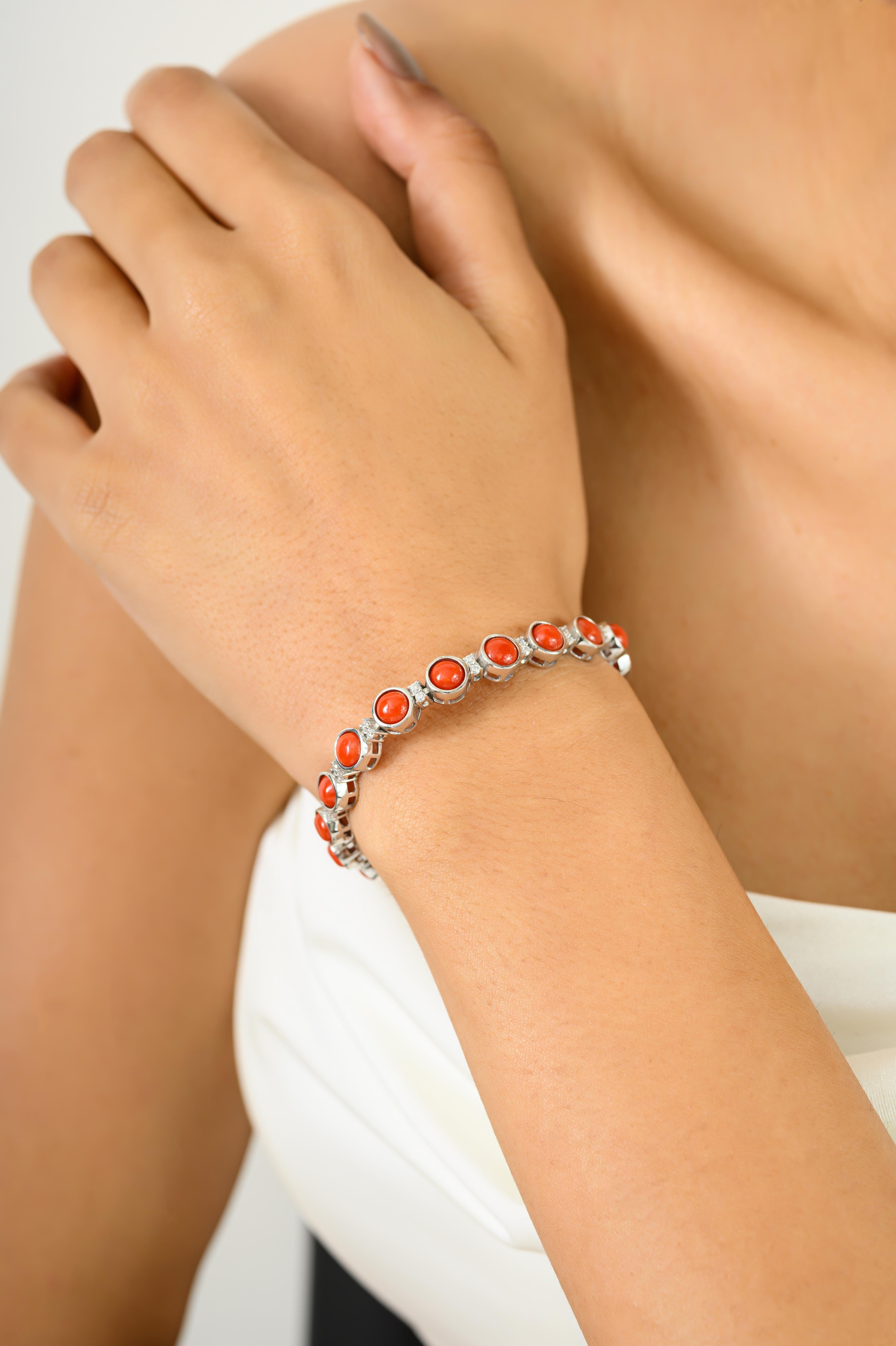 De las mujeres Pulsera de Tenis de Plata 925 con Cabujón de Coral Italiano Naranja y Piedra Redonda de Circón en venta